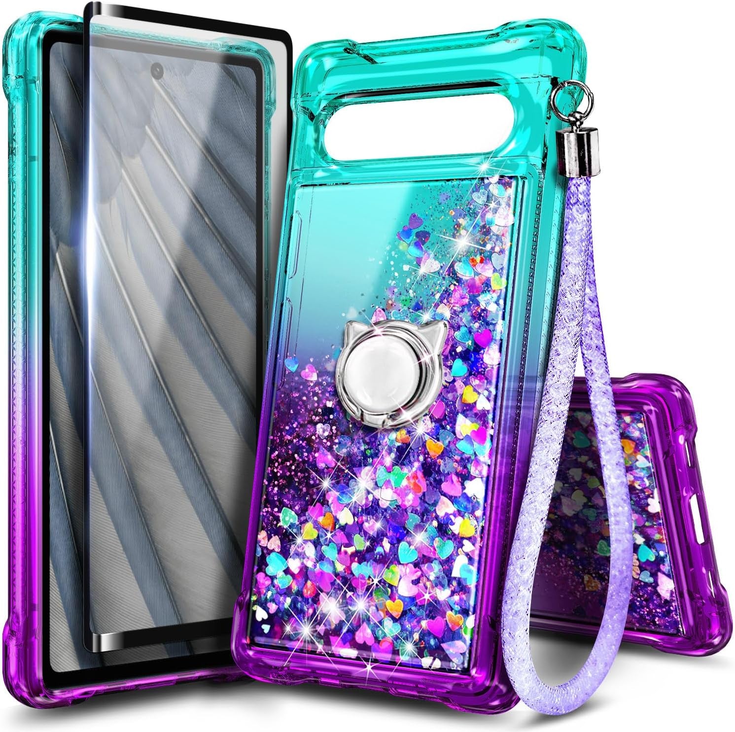 NZND Compatible with Google Pixel 7A (2023) with Tempered Glass Screen Protector, Ring Holder/Wrist Strap, Glitter Liquid Floating Waterfall Durable Girls Women Cute Phone Case (Pink/Aqua)  NZND Aqua/Purple  