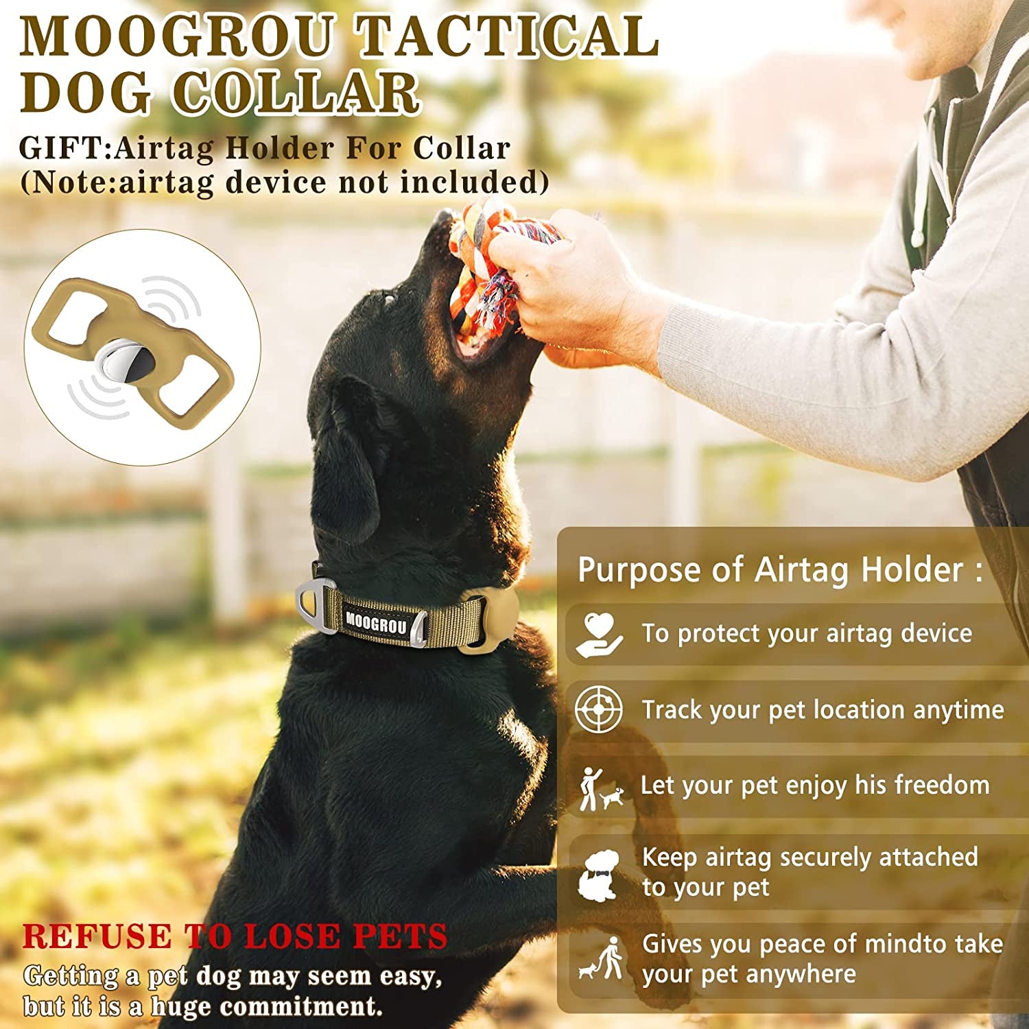 MOOGROU Dog Collar with Airtag Holder,Quick-Release Metal Buckle Heavy Duty Pet Collar for Small Medium Large Dogs,Premium Adjustable Nylon Airtag Dog Collar with Soft Neoprene Padded Comfy Brown 1.2"  MOOGROU   