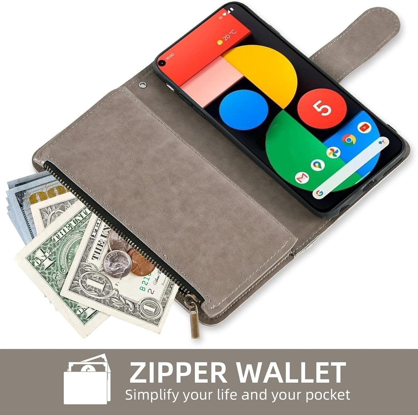 Asuwish Phone Case for Google Pixel 4A 5G 6.2 Wallet Cover with Tempered Glass Screen Protector and Flower Flip Credit Card Holder Stand Cell Pixel4A5G UW Pixel4A 5G Pixle A4 G5 4A5G Women Men Grey  Asuwish   