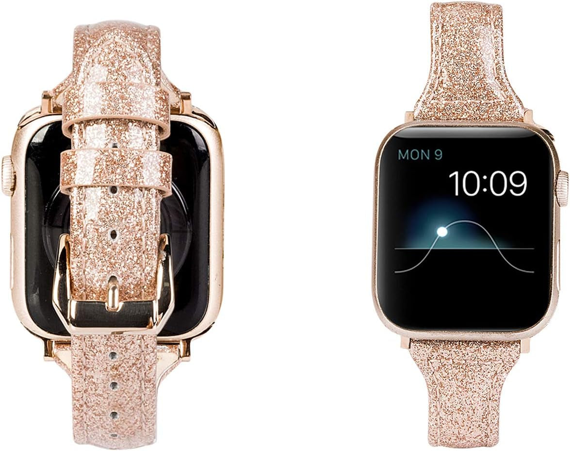 Wearlizer Rose Gold Leather Compatible with Apple Watch Leather Bands 38Mm 40Mm 41Mm Womens for Iwatch Series 8 7 6 5 4 3 2 1 SE Shiny Slim Smooth Wristband Bling Glitter Strap (Gold Clasp)  Wearlizer   