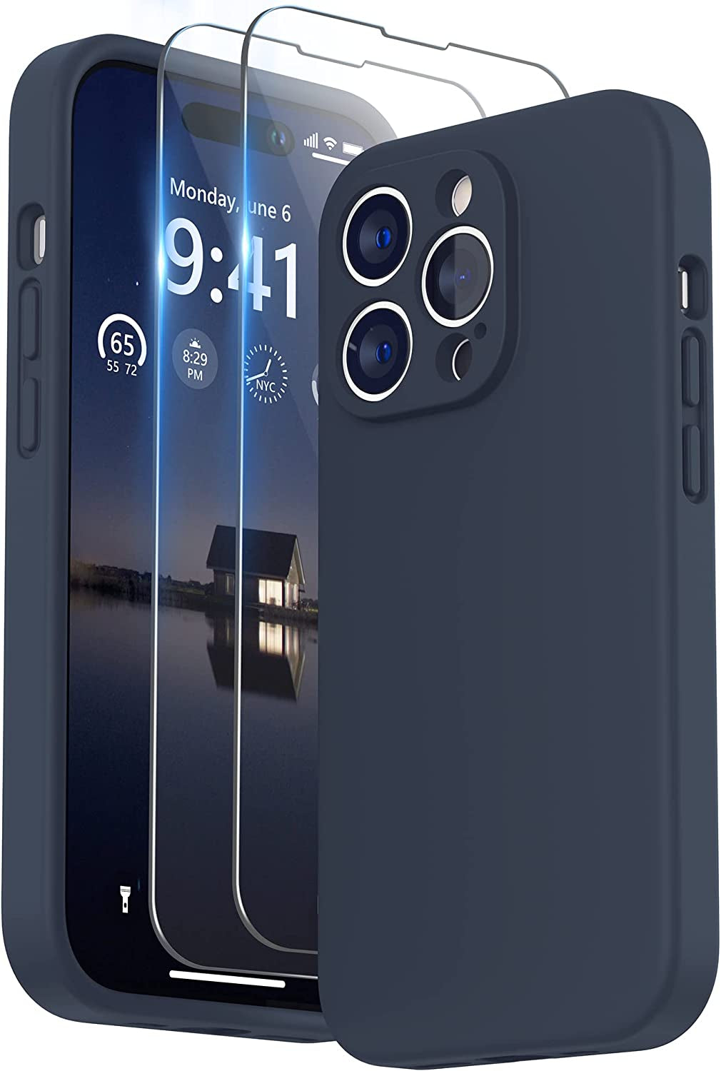 SURPHY Designed for Iphone 14 Pro Max Case with Screen Protector, (With Camera Protection + Soft Microfiber Lining) Liquid Silicone Phone Case, Blue Jay  SURPHY Midnight Blue  