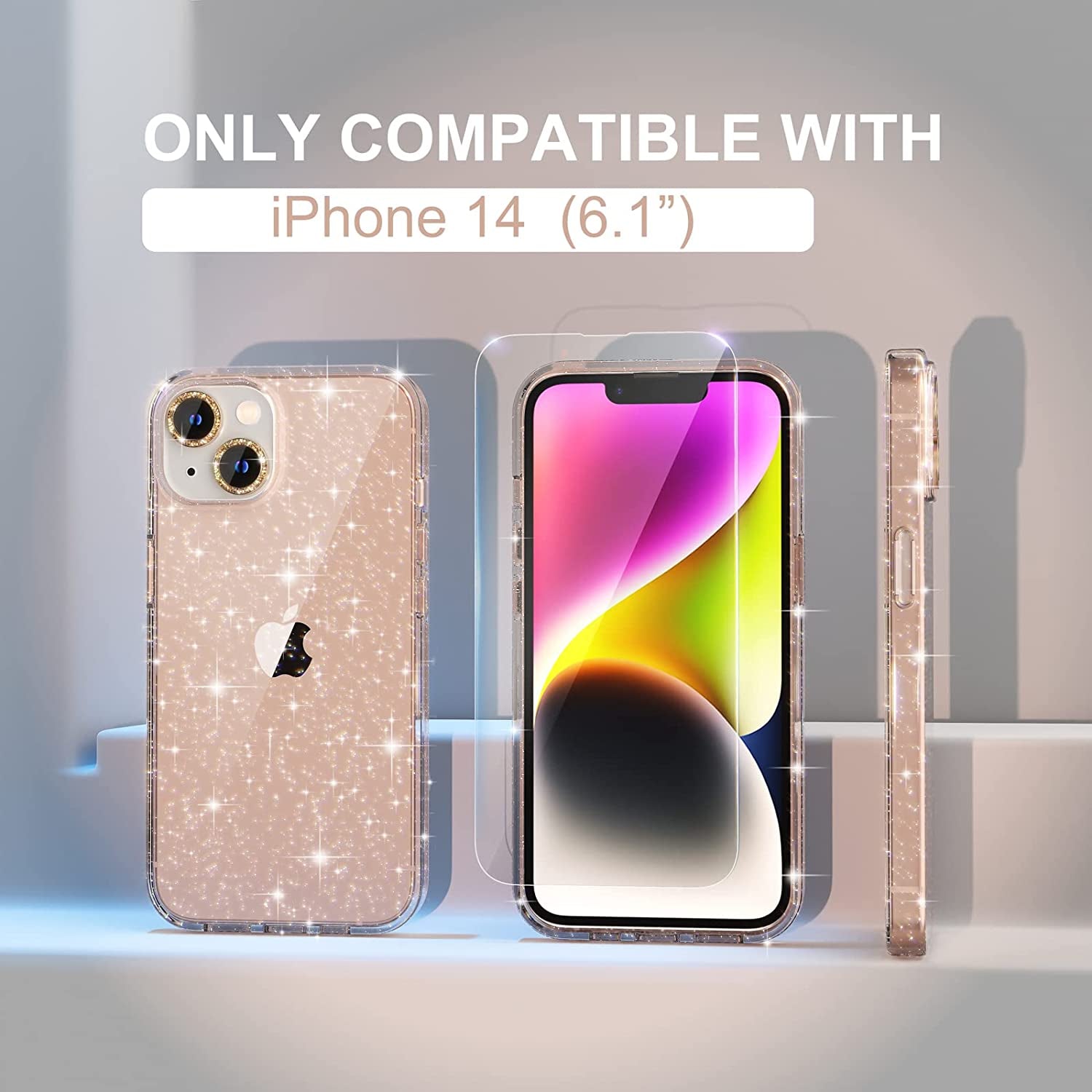 Choiche Compatible for Iphone 14 Case Cute, Women Clear Glitter Bling Sparkly Case, [2 X Diamond Camera Lens Protectors] [2 X Tempered Glass Screen Protectors] 6.1-Inch (Glitter Gold)  Choiche   