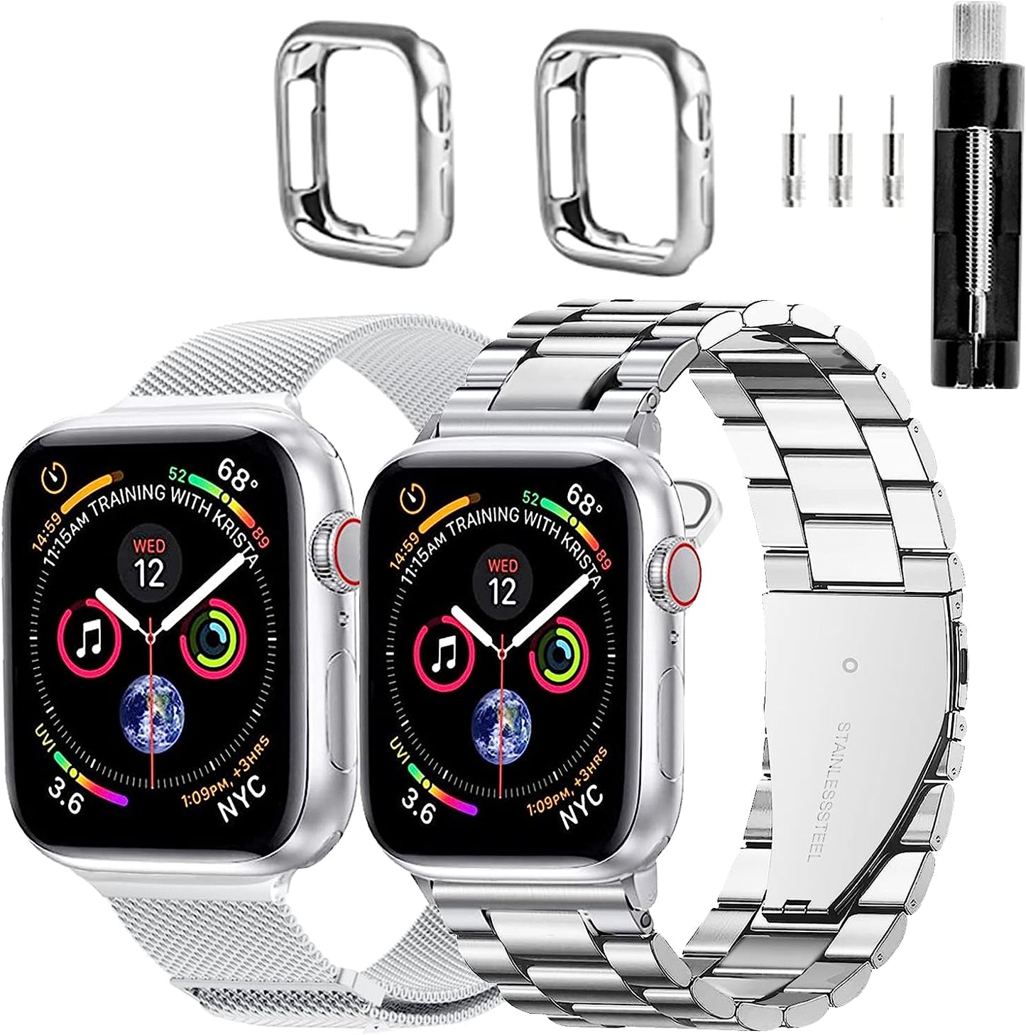 REASDEN Compatible with Apple Watch Band Iwatch Ultra Series 8/7/6/5/4/3/2/1/SE, 38/40/41/42/44/45/49Mm, Solid Stainless Steel Band Metal Business Band Man Women  REASDEN Silver&Silver 42/44/45mm 