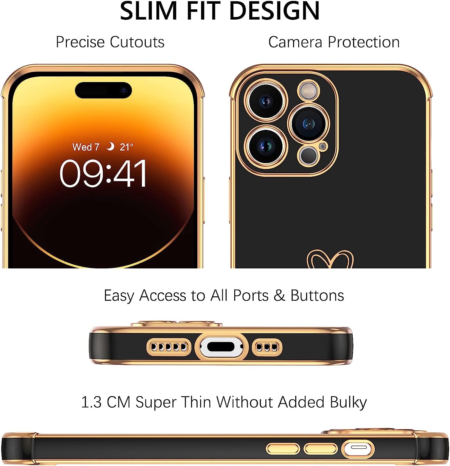 BENTOBEN Iphone 14 Pro Case, Phone Case Iphone 14 Pro 6.1", Slim Thin Luxury Shockproof Protection Soft TPU Bumper Drop Protective Girls Women Boy Men Cute Iphone 14 Pro Cover, Black/Gold Design  BENTOBEN   