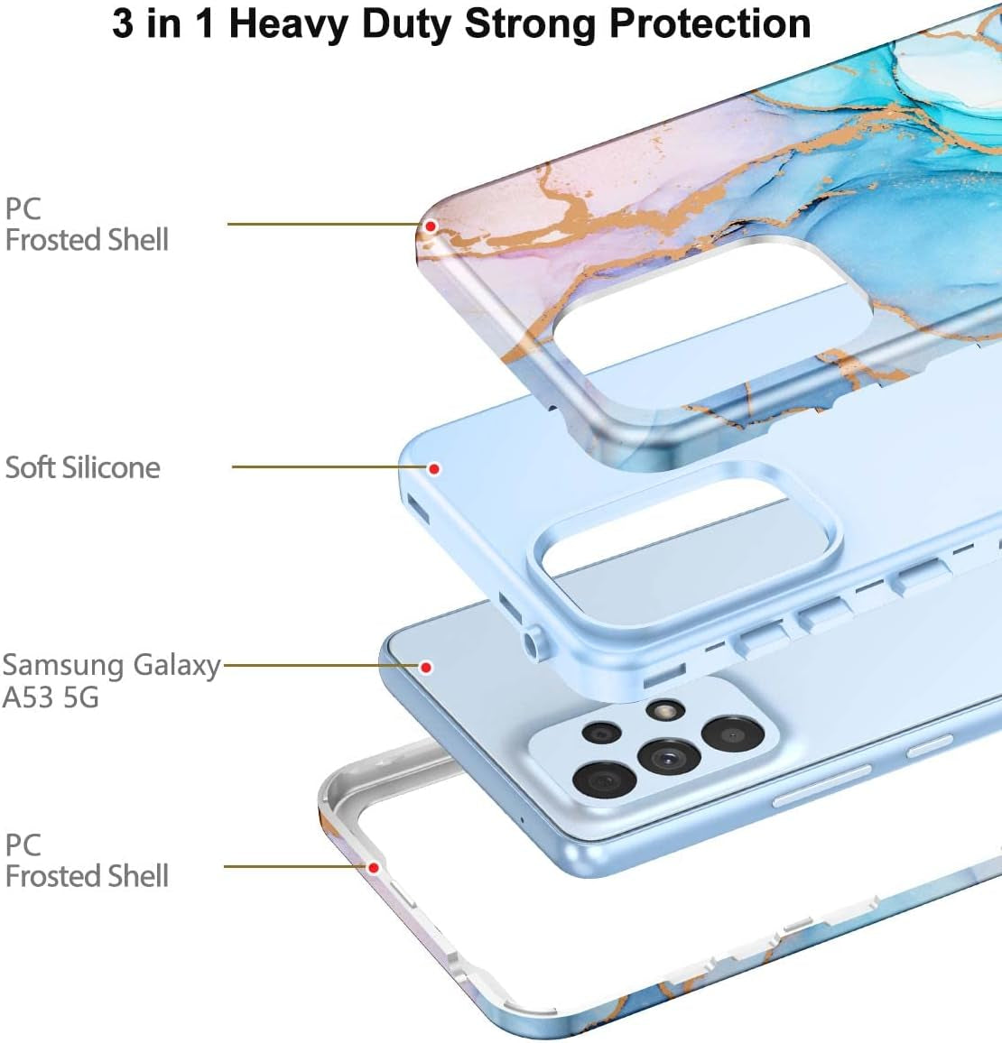 Hekodonk for Samsung Galaxy A53 5G Case,Heavy Duty Full Body Shockproof Drop Rugged Protection 3 in 1 TPU+PC Slim Marble Phone Case Dustproof Anti-Scratch Cover for Galaxy A53 5G Pink Blue Marble  Hekodonk   