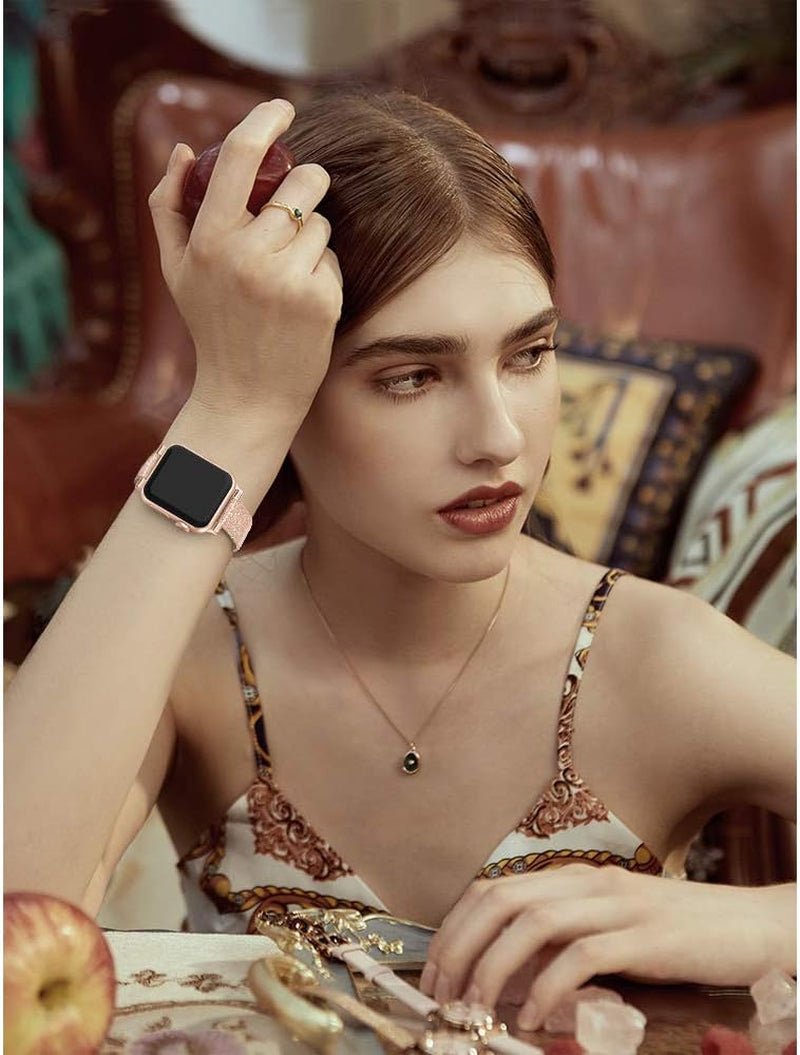 Yutior Leather Bands Compatible for Watch 38Mm 40Mm 41Mm, Slim Wristband for Watch Iwatch Bands 38Mm Series SE 7 6 5 4 3 2 1 Women Bling Rose Gold Leather, Ladies Girls Beaded Thin Strap Bracelet  Yutior   