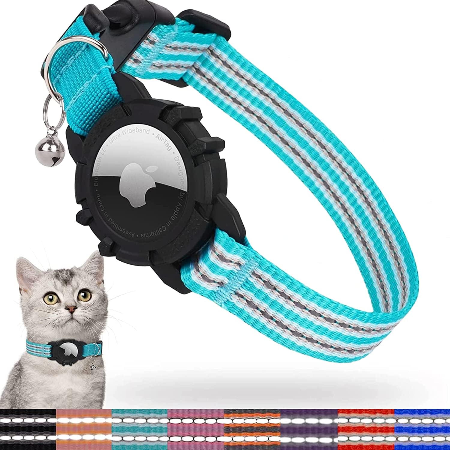 FEEYAR Airtag Cat Collar,Integrated Kitten Collar with Apple Airtag Holder, Reflective GPS Cat Collar with Bell[Pink], Lightweight Tracker Cat Collars for Girl Boy Cats, Kittens and Puppies  FEEYAR Teal 7-9 Inch 