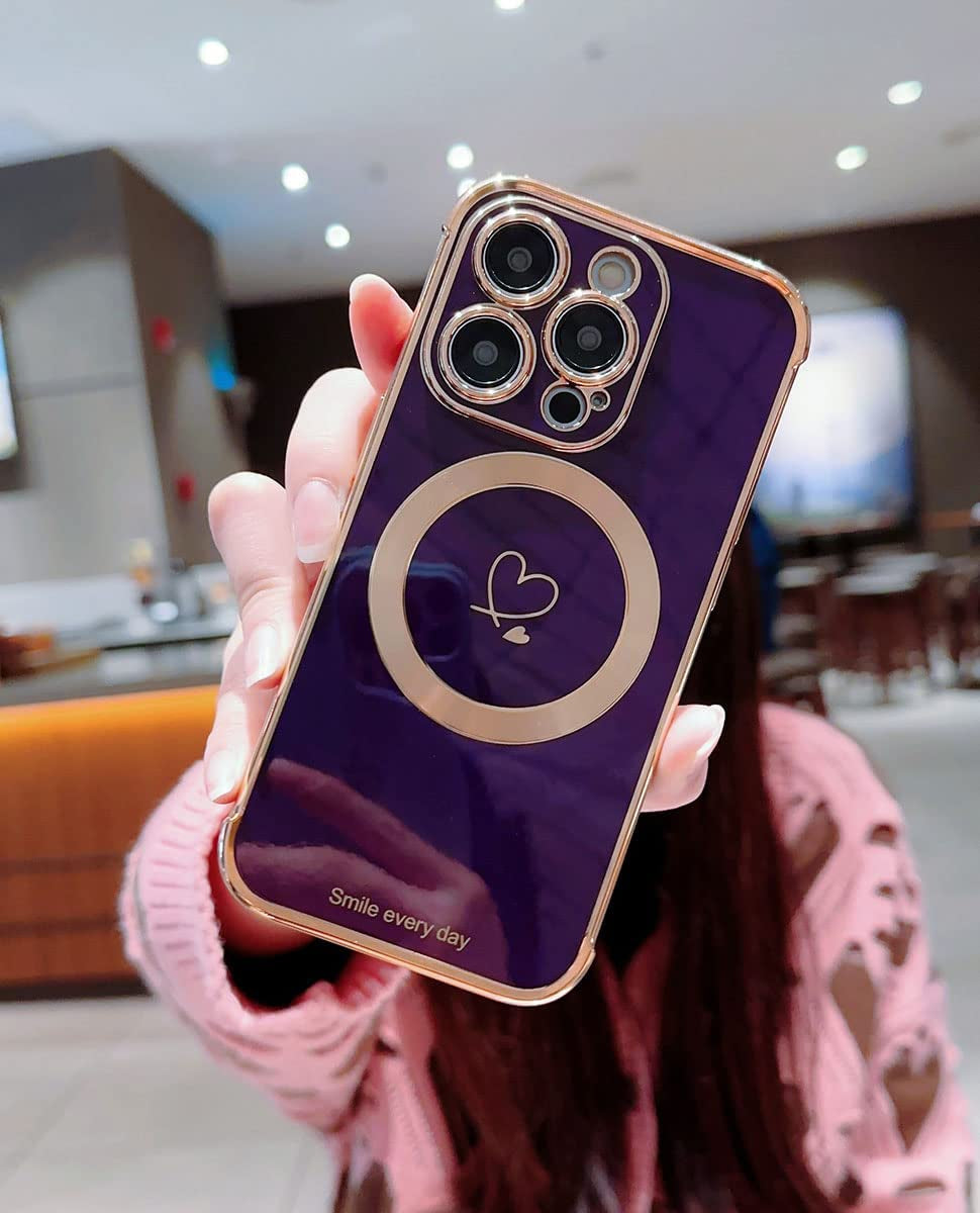 Hosgor Compatible with Magsafe Iphone 14 Pro Case for Women, Luxury Plating Cute Heart with Magnetic Wirless Charging Design Soft TPU Shockproof Bumper Case for Iphone 14 Pro 6.1Inch - (Deep Purple)  Hosgor   