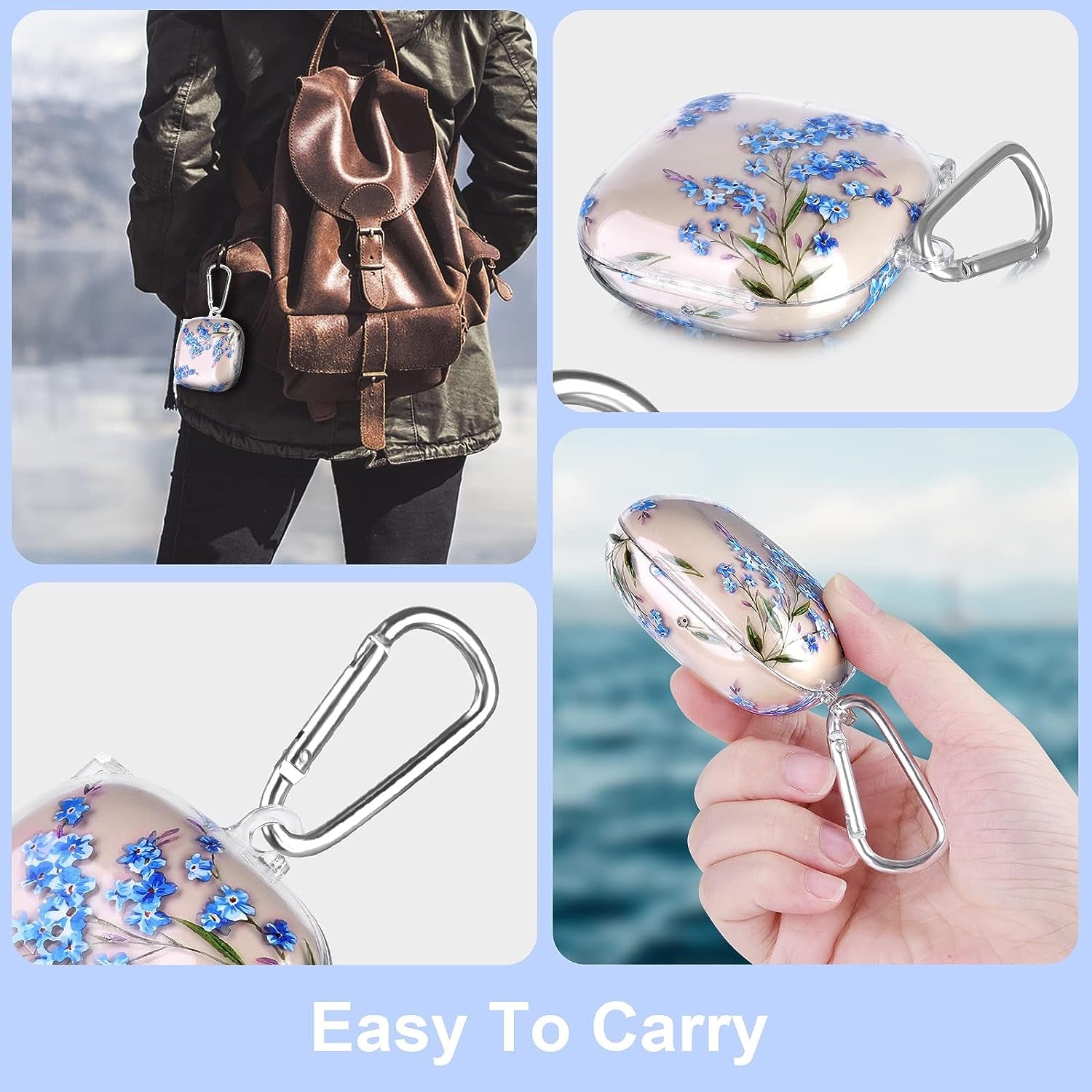 Beats Fit Pro Case Cover, QINGQING Cute Hard Case for Apple Beats Fit Pro 2021/2022 Protective Earbuds Case with Keychain for Men Women (Blue Floral)  QINGQING   