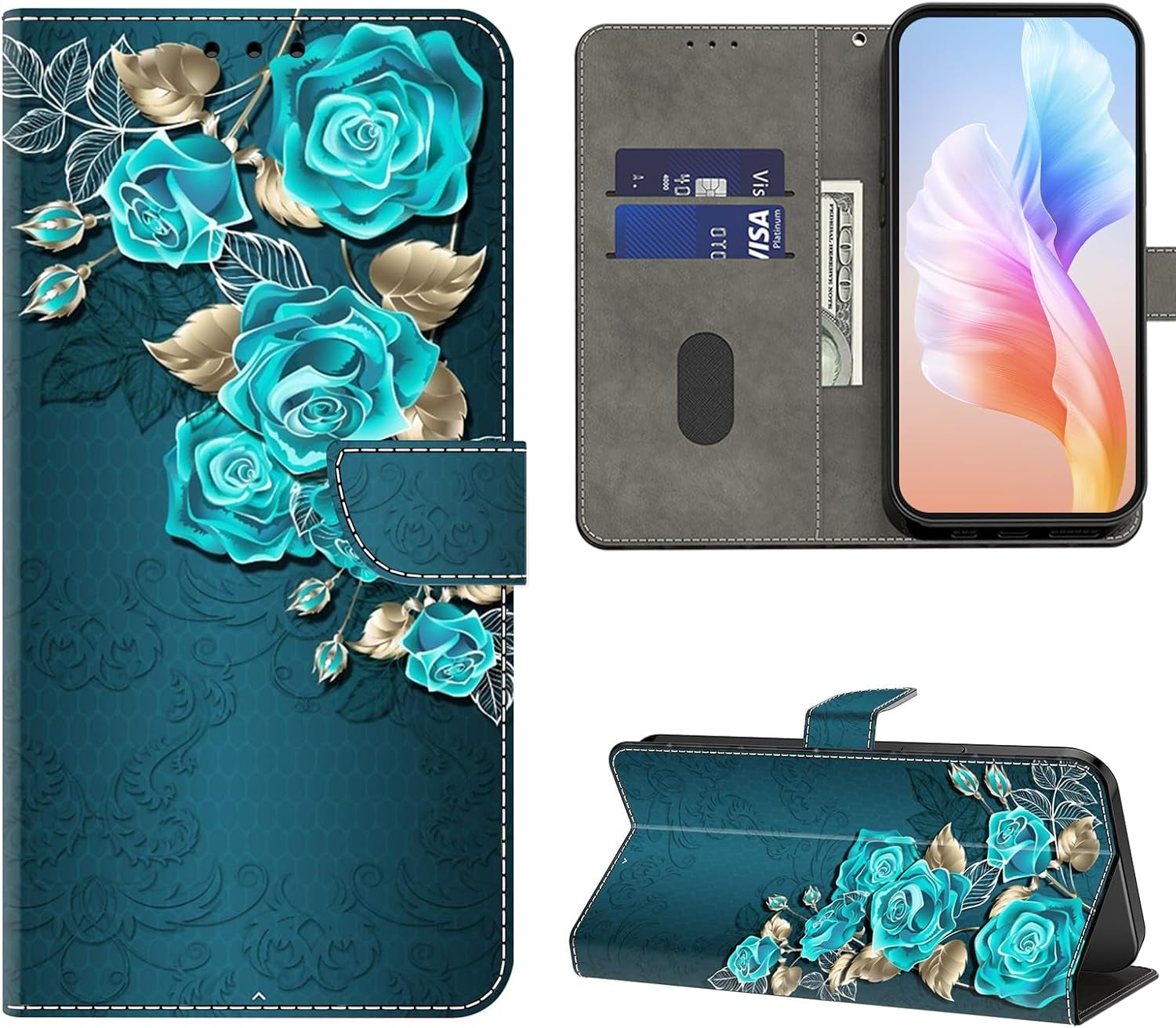 VODEFOX Case for LG G7 Thinq/Lg G7, PU Leather Wallet Case for LG G7 Thinq/Lg G7 6.1", Cute 3D Cartoon Design Card Slot Magnetic Closure Stand Protective Cover for Women - Golden Butterfly  VODEFOX Blue Rose Lg G7 Thinq 
