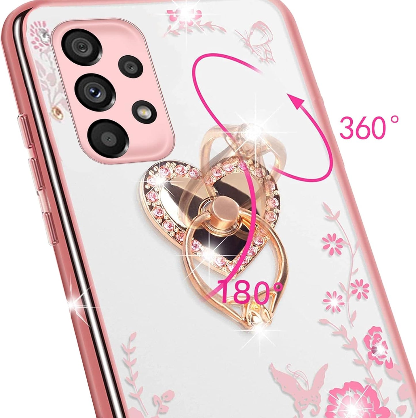 For Samsung Galaxy A53 Case, A53 5G Case for Women Glitter Crystal Butterfly Heart Floral Soft TPU Luxury Bling Cute Protective Cover with Kickstand Strap for Samsung A53 5G (Rose Gold)  KuDiNi   