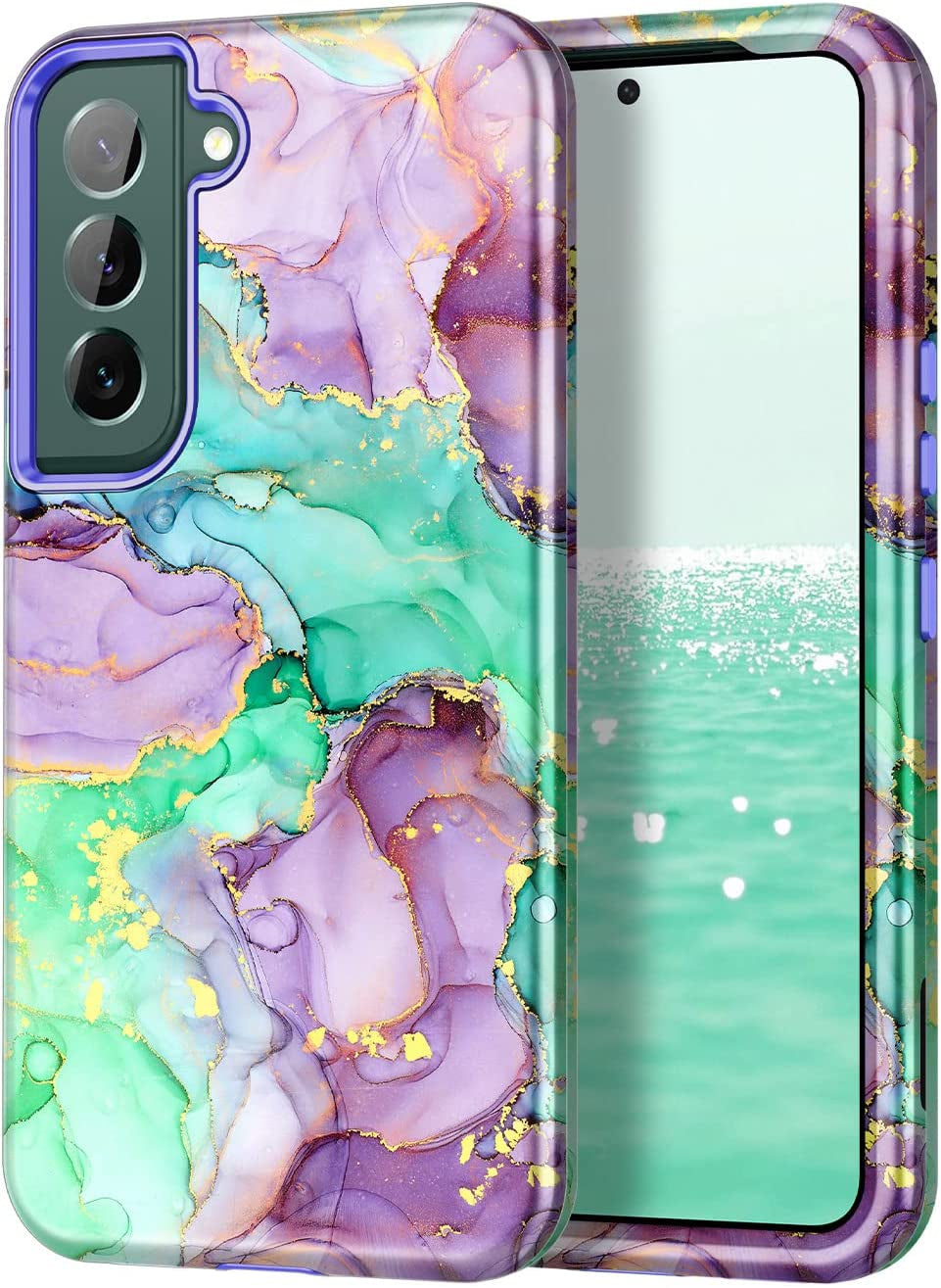 Btscase for Samsung Galaxy S22 5G Case,Marble Pattern 3 in 1 Heavy Duty Shockproof Full Body Rugged Hard Pc+Soft Silicone Drop Protective Women Girl Cover for Samsung Galaxy S22,Dreamland River/Purple  Btscase Purple Green  