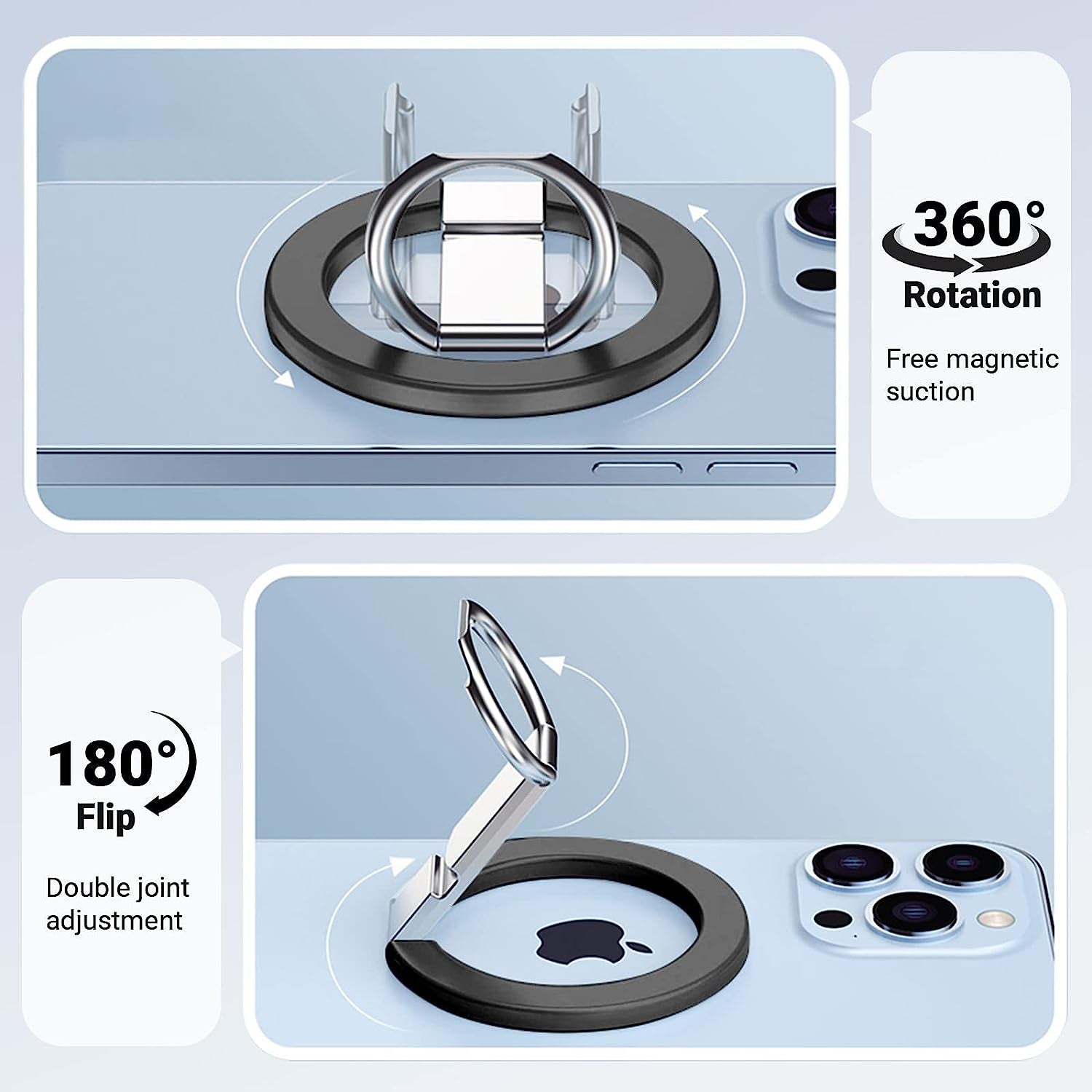 Magnetic Phone Ring Stand for Iphone 14 13 12 Pro Max/Pro/Mini, Compatible with Magsafe Foldable &Adjustable Finger Ring Grip for Wireless Charging -Black  OUTXE   