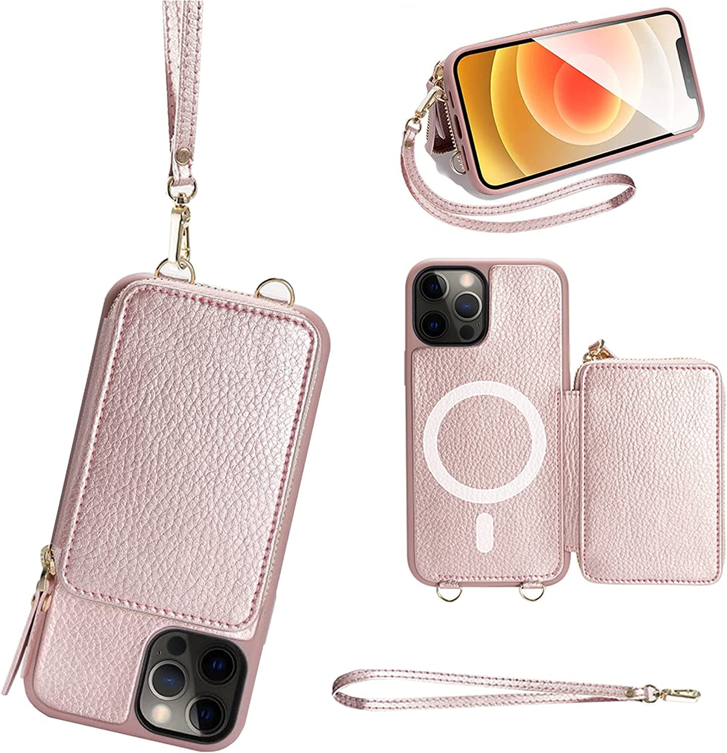 ZVE Wallet Case for Iphone 14 Pro Max 6.7 Inch, Magsafe Zipper Leather RFID Blocking Cards Holder Slots Case with Magnetic Wireless Charging, Protective Cover for Iphone 14 Pro Max 6.7"(2022)-Black  ZVE Rose Gold iPhone 12 Pro Max 