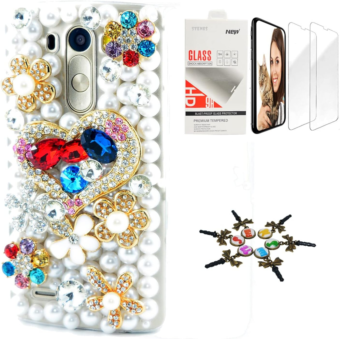STENES Bling Case Compatible with LG G6 / LG G6 plus - Stylish - 3D Handmade [Sparkle Series] Punk Big Skull Design Cover with Screen Protector [2 Pack] - Black  STENES Rainbow Heart Flowers / White Design For Lg G6 / Lg G6 Plus 