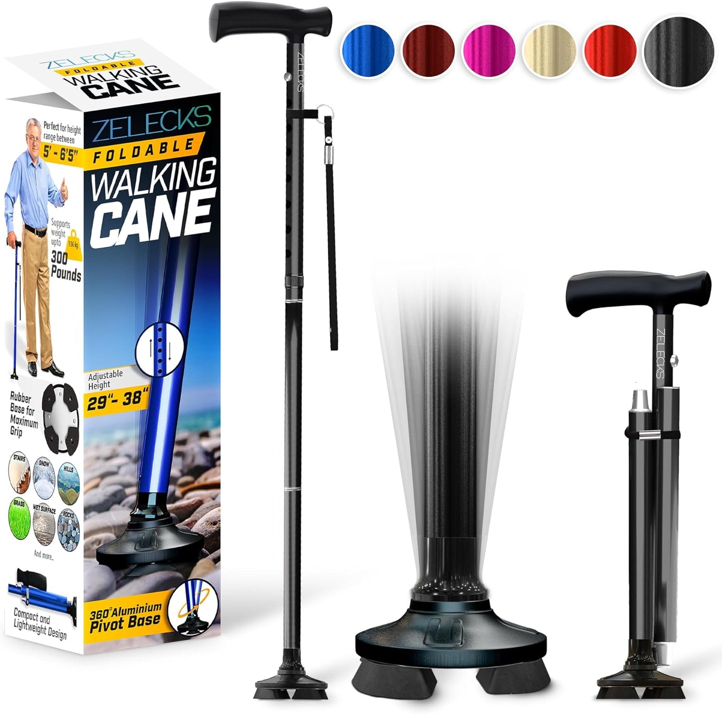 ZELECKS Walking Cane for Women & Men - Self Standing Adjustable Folding Cane with T Handle and 360 Pivot Base - Lightweight Foldable Walking Stick for Seniors - Collapsible Cane for Walking  ZELECKS   