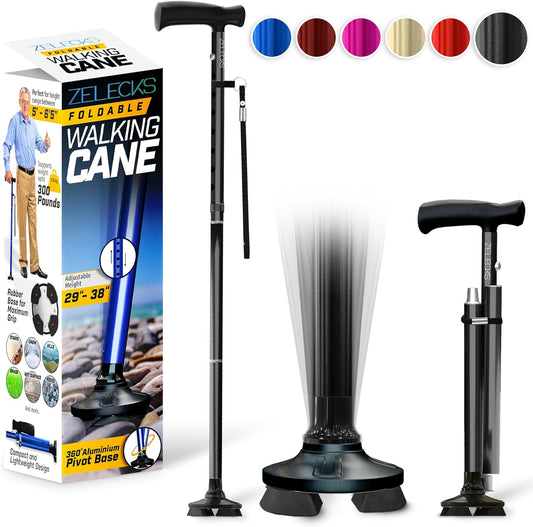 ZELECKS Walking Cane for Women & Men - Self Standing Adjustable Folding Cane with T Handle and 360 Pivot Base - Lightweight Foldable Walking Stick for Seniors - Collapsible Cane for Walking  ZELECKS   