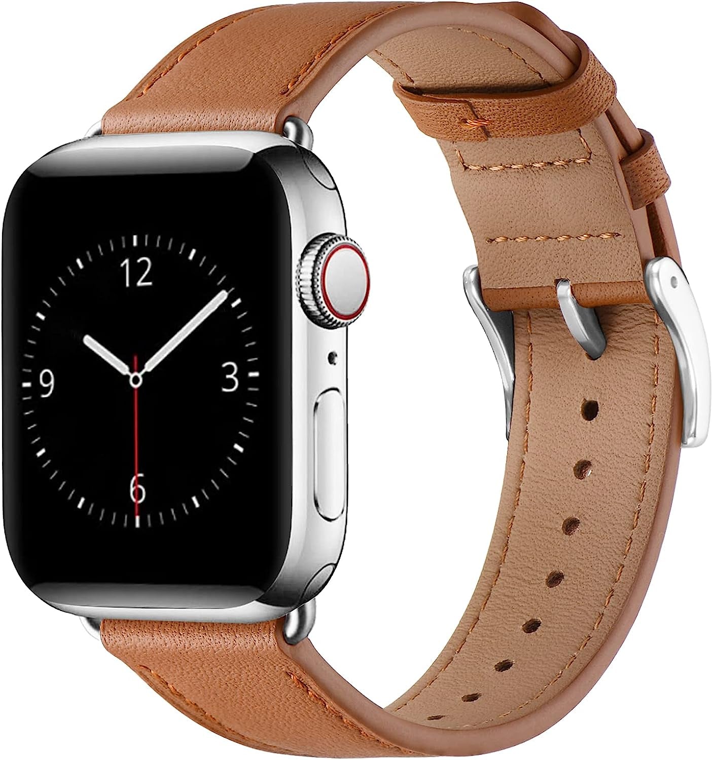 Lovrug Band Compatible with Apple Watch Band 44Mm 42Mm 38Mm 40Mm 41Mm 45Mm 49Mm Ultra SE2 SE Series 8/7/6/5/4/3/2/1 Genuine Leather Business Replacement Band Smart Watch Strap for Women Men  LovRug-US Brown/Silver 42mm/44mm/45mm 