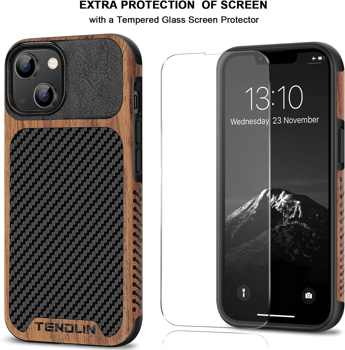TENDLIN Compatible with Iphone 14 Case Wood Grain with Carbon Fiber Texture Design Leather Hybrid Slim Case Black  TENDLIN   