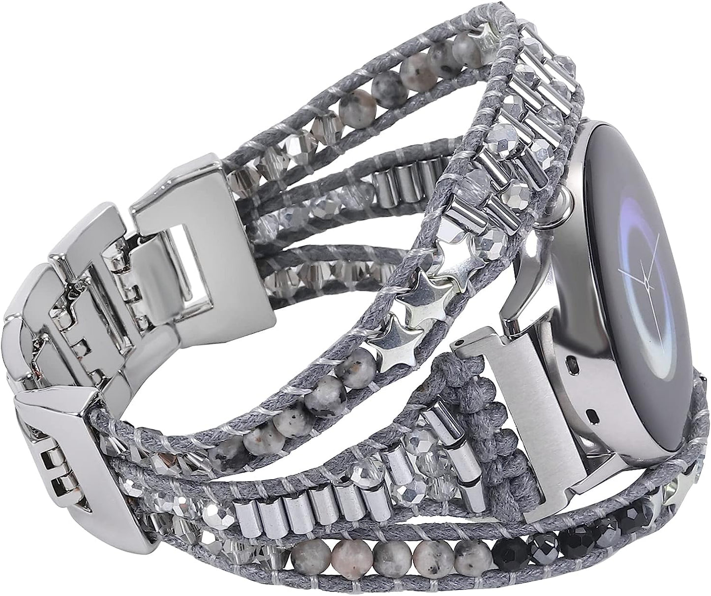 20Mm Boho Beaded Bracelet for Samsung Galaxy Watch 4/5 Band/Active 2 Watch Bands 40Mm 44Mm, Galaxy Watch 5 Pro Band, Multilayer Wraps Natural Stone Strap for Watch 4 Classic 42Mm 46Mm/Watch 3 41Mm  WONMILLE Star Grey  