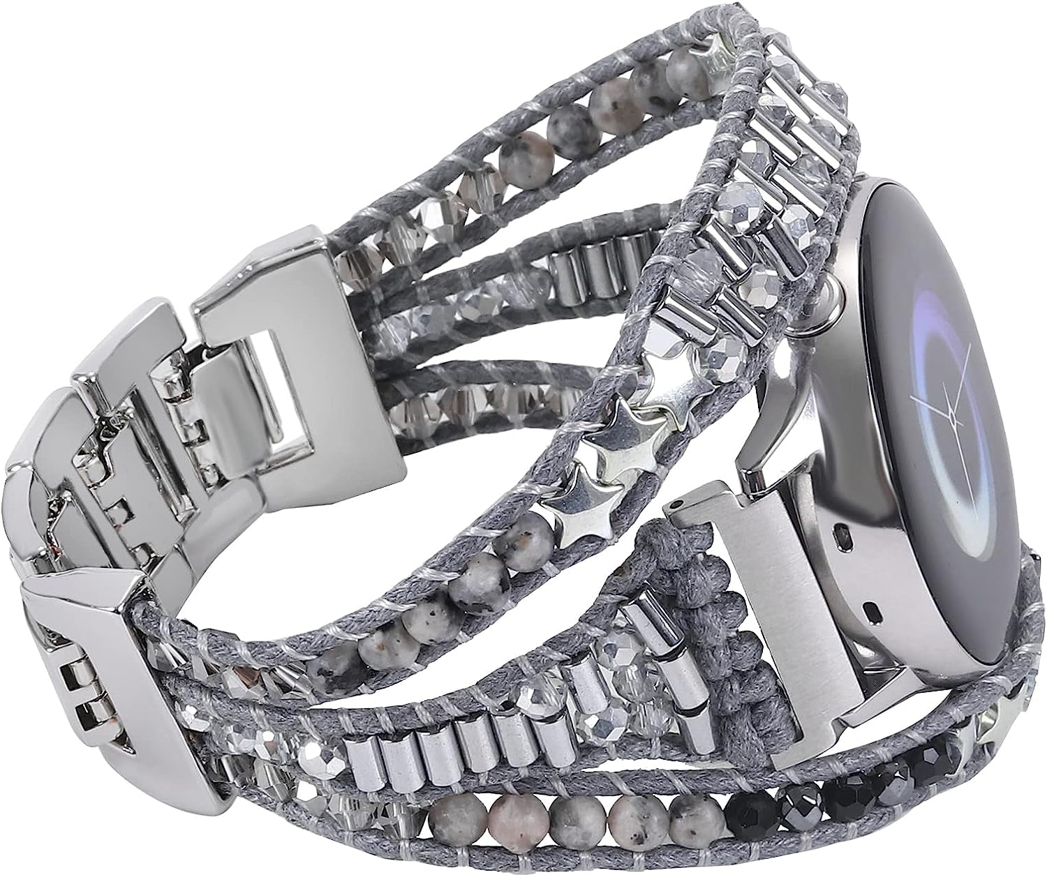 20Mm Boho Beaded Bracelet for Samsung Galaxy Watch 4/5 Band/Active 2 Watch Bands 40Mm 44Mm, Galaxy Watch 5 Pro Band, Multilayer Wraps Natural Stone Strap for Watch 4 Classic 42Mm 46Mm/Watch 3 41Mm  WONMILLE Star Grey  