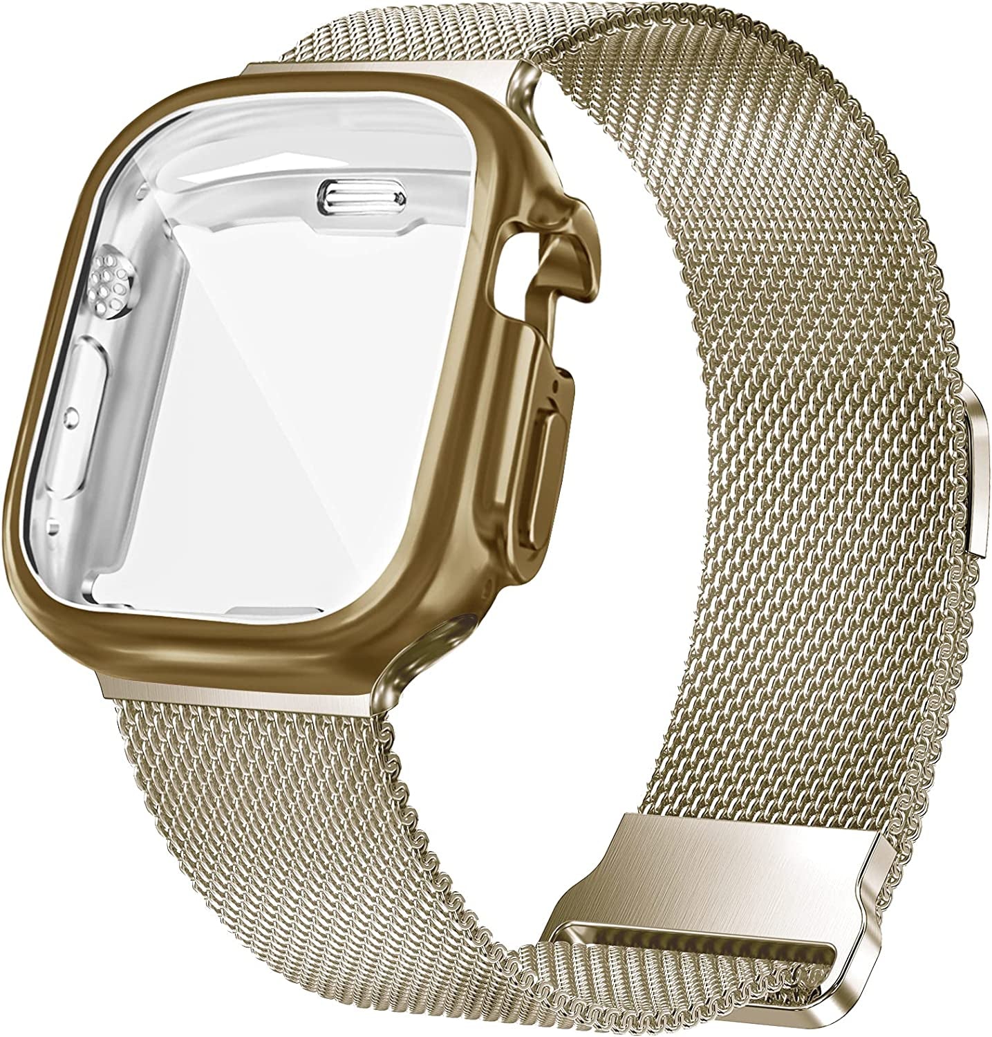 Geoumy Metal Magnetic Bands Compatible for Apple Watch Band 45Mm with Case, Stainless Steel Milanese Mesh Loop Replacement Strap Compatible with Iwatch Series 8/7/6/5/4/3/2/1 SE Women Men,Starlight  Geoumy Brown Gold Ultra 49mm 