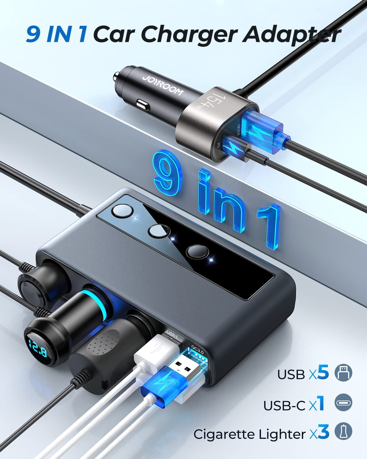 9 in 1 Car Adapter, Joyroom 3 Socket Cigarette Lighter Splitter with PD/QC 3.0 * 2 Charge(3.3Ft Cable), 154W 12V/24V Independent Switches DC Outlet Charger for All Car Devices  JOYROOM   