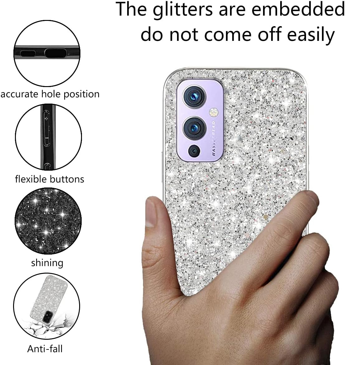 Compatible with Oneplus 9 Case Glitter Shockproof,Oneplus 9 Phone Case Bling Sparkly Soft TPU and PC Silicone Shiny Girl Women Thin Protective Cover (Silver)  Wousunly   