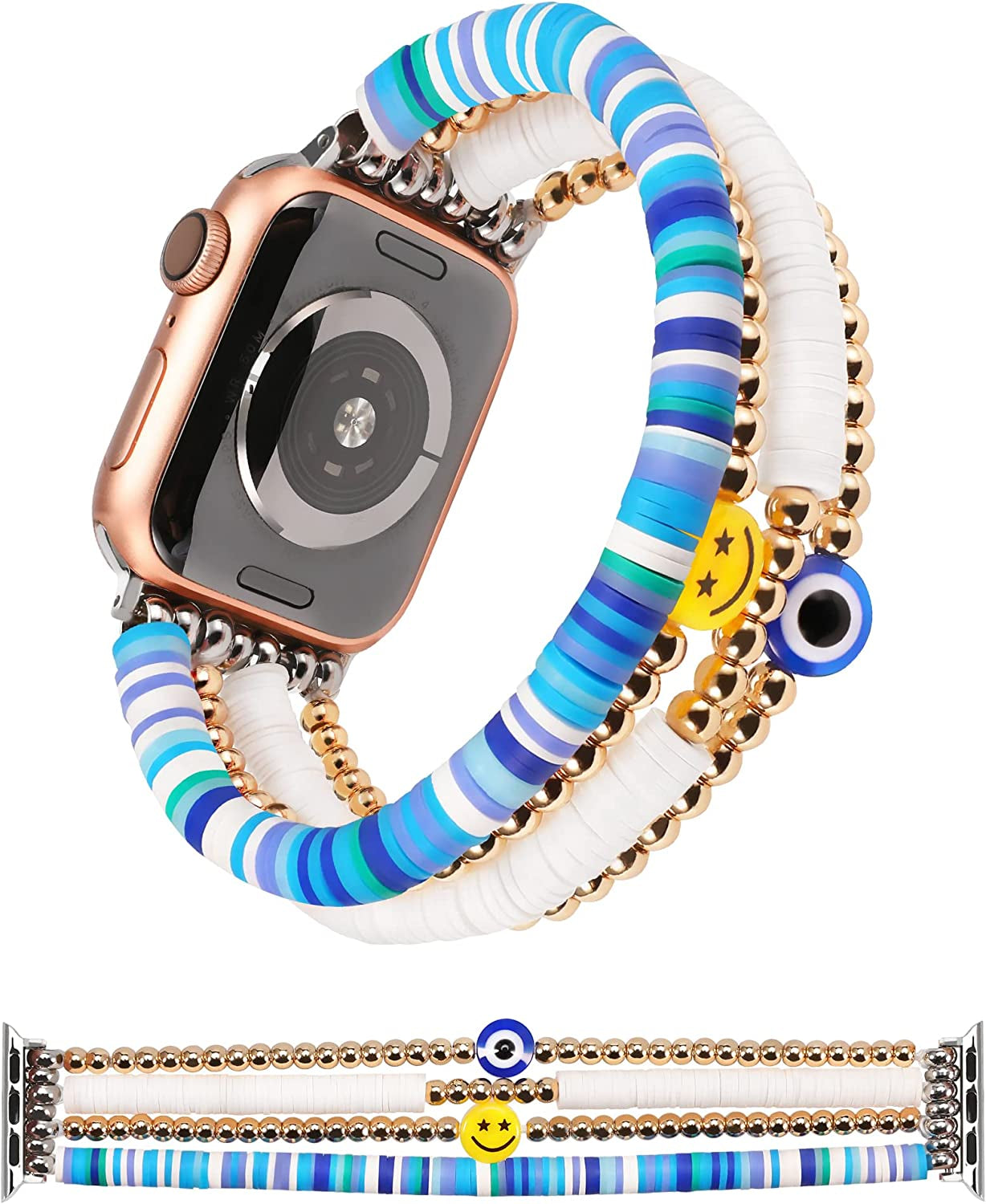 TOYOUTHS Heishi Beads Bracelet Compatible with Apple Watch Band Cute Stretch Girl Women Summer Beach Surfer Stackable Clay Preppy Jewelry Band for Iwatch 42/44/45Mm Series SE 7 6 5 4 3 2 1  TOYOUTHS Blue 41/40/38mm S (5.7" - 6.1" Wrist) 