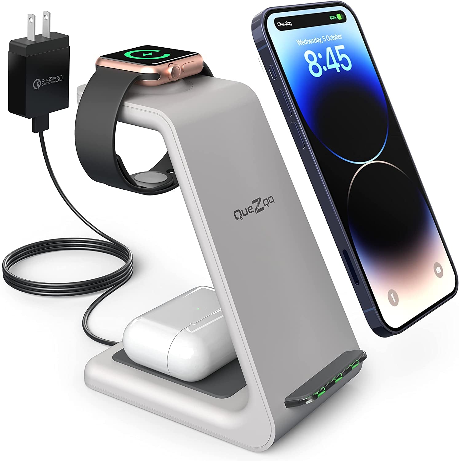 Quezqa Wireless Charging Stand - Fast Wireless Charger - 3 in 1 Charging Station for Apple Airpods Pro 3 2 Apple Watch Ultra 8 7 SE 6 5 4 Iphone 14 Pro Max 14 plus 13 12 11 Pro Max with QC3.0 Adapter  QUEZQA Grey  