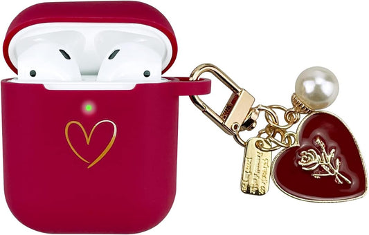 AIIEKZ Compatible with Airpods Case Cover, Soft Silicone Case with Gold Heart Pattern for Airpods 2&1 Generation Case with Vintage Roses Pearl Keychain for Girls Women (Burgundy)  AIIEKZ   