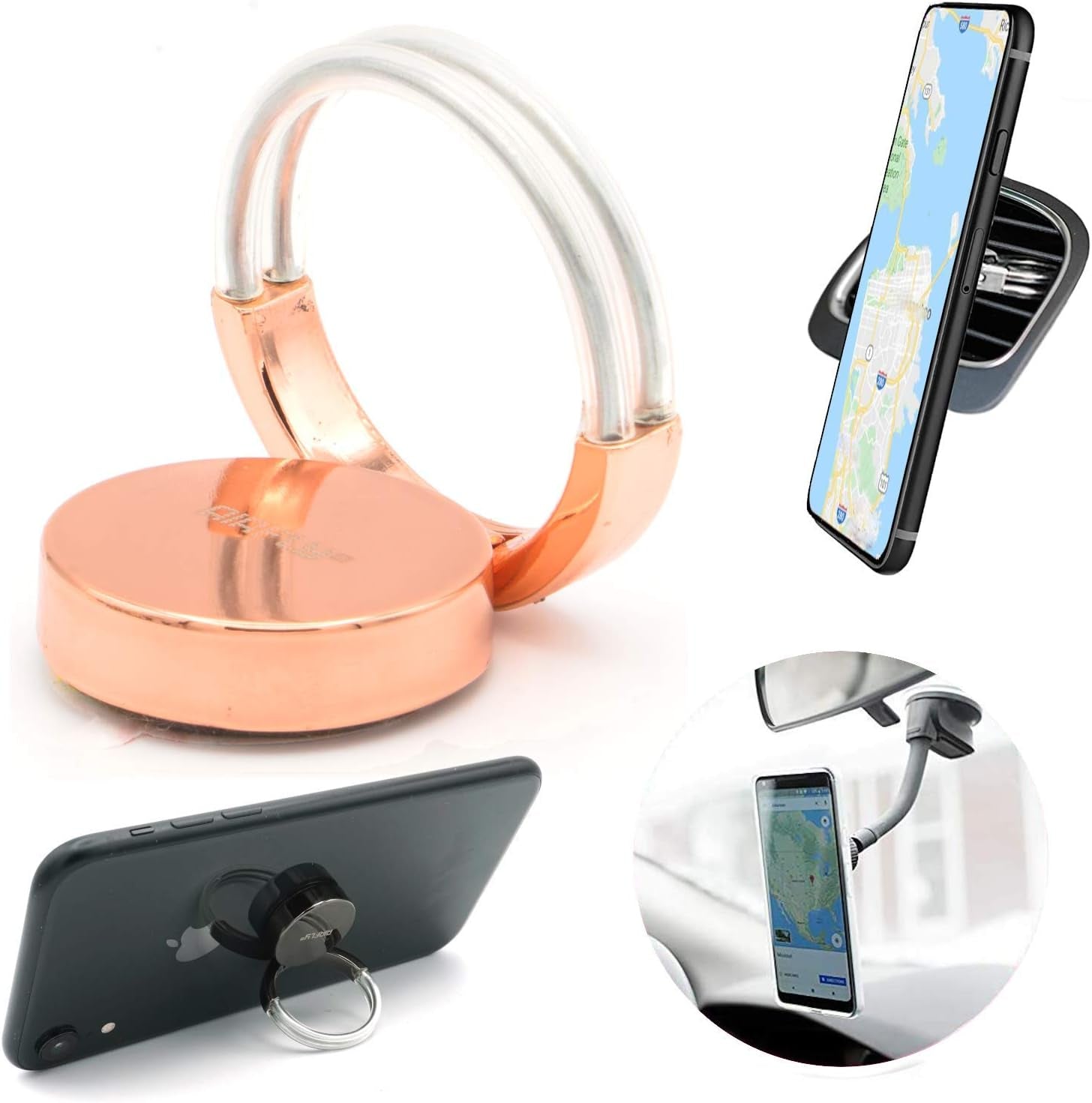 Airfly Phone Finger Ring Holder, 4 in 1, Universal Metal Phone Ring, Table Stand Kickstand, Car Vent Mount, Finger Grip Compatible All Smartphones, Black  AirFly SF Rose Ring  