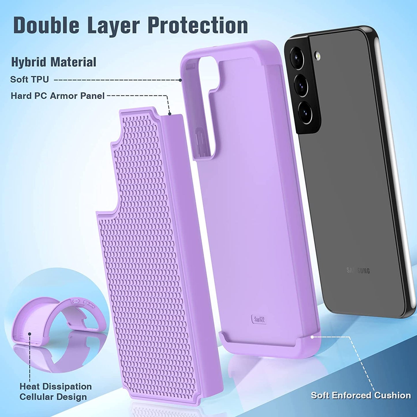 BNIUT for Samsung Galaxy S22 5G Case: Dual Layer Protective Heavy Duty Cell Phone Cover Shockproof Rugged with Non Slip Textured Back - Military Protection Bumper Tough - 6.1Inch (Girly Purple)  binghexin   