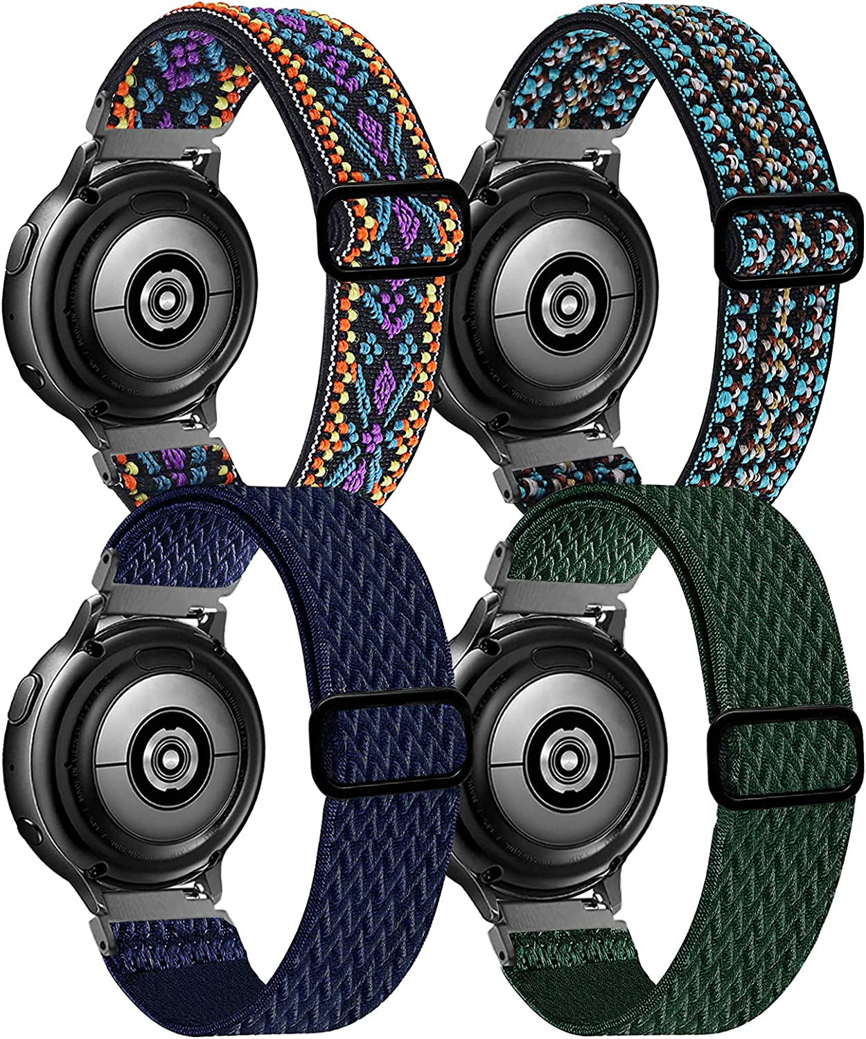 20Mm Stretchy Band Compatible with Samsung Galaxy Watch 5/4 40Mm 44Mm/Watch 5 Pro 45Mm/Watch 4 Classic 42Mm 46Mm/Watch 3 41Mm/Galaxy Watch 42Mm/Active 40Mm/Active 2 40 44Mm, Nylon Strap for Men Women  POHNUI Aztec Blue+Aztec Boho+Navy Blue+Army Green  