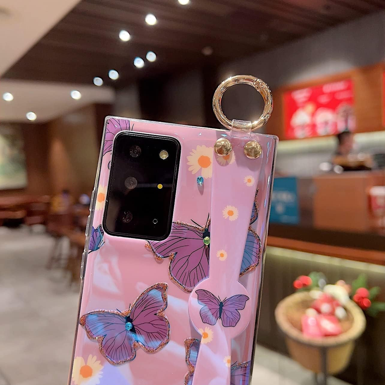 Lastma for Samsung Galaxy Note 20 Ultra Case Cute with Wrist Strap Kickstand Case 5G Glitter Bling Cartoon IMD Soft TPU Shockproof Protective Phone Cases Cover for Girls and Women - Purple Butterfly  Lastma   