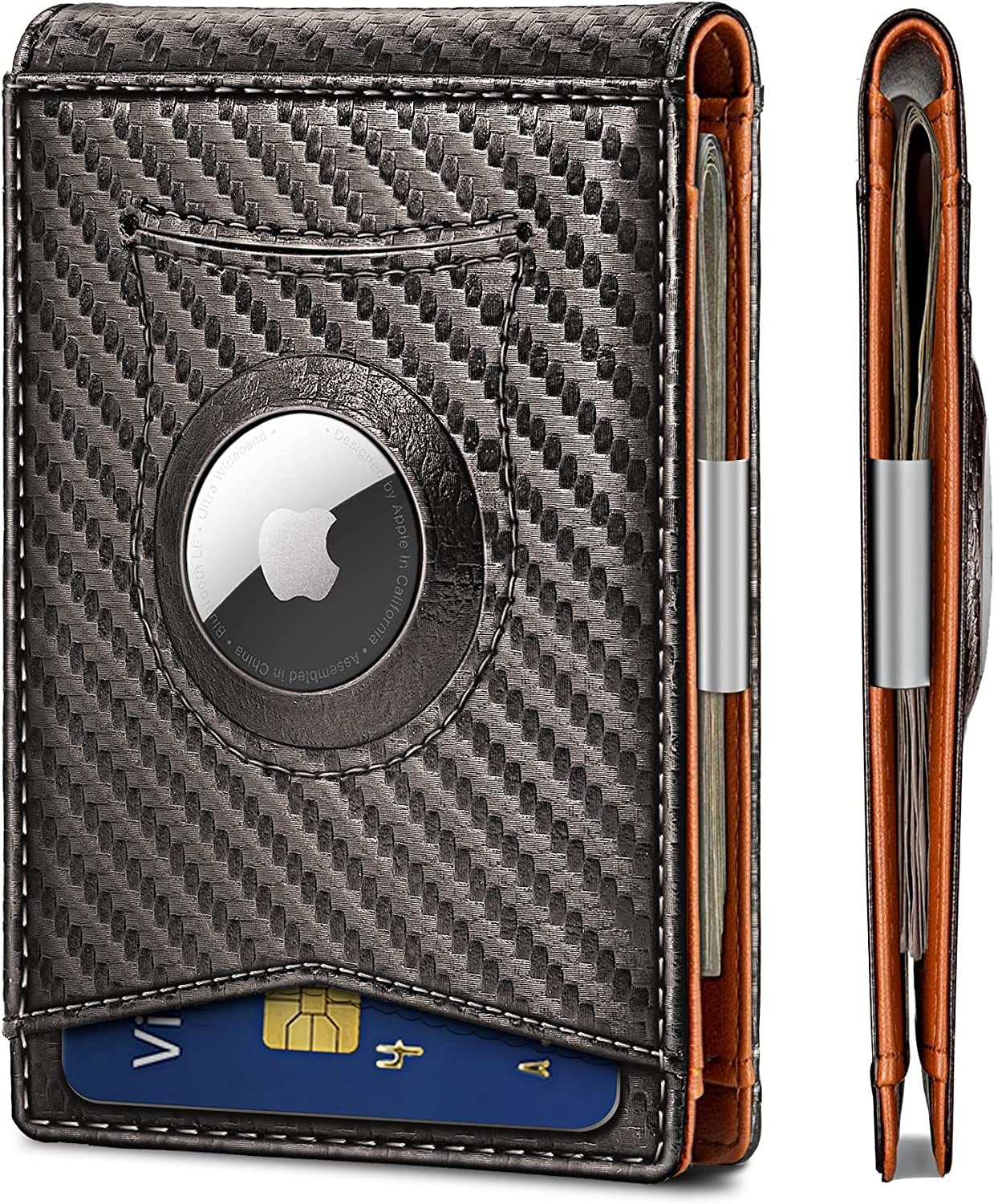 KS Mens Wallet for Airtag or Standard Use, Slim Front Pocket Wallet Money Clip 11 Cards RFID Blocking,No Hole  KS Sacred Grey2831 Carbon Fiber Leather 