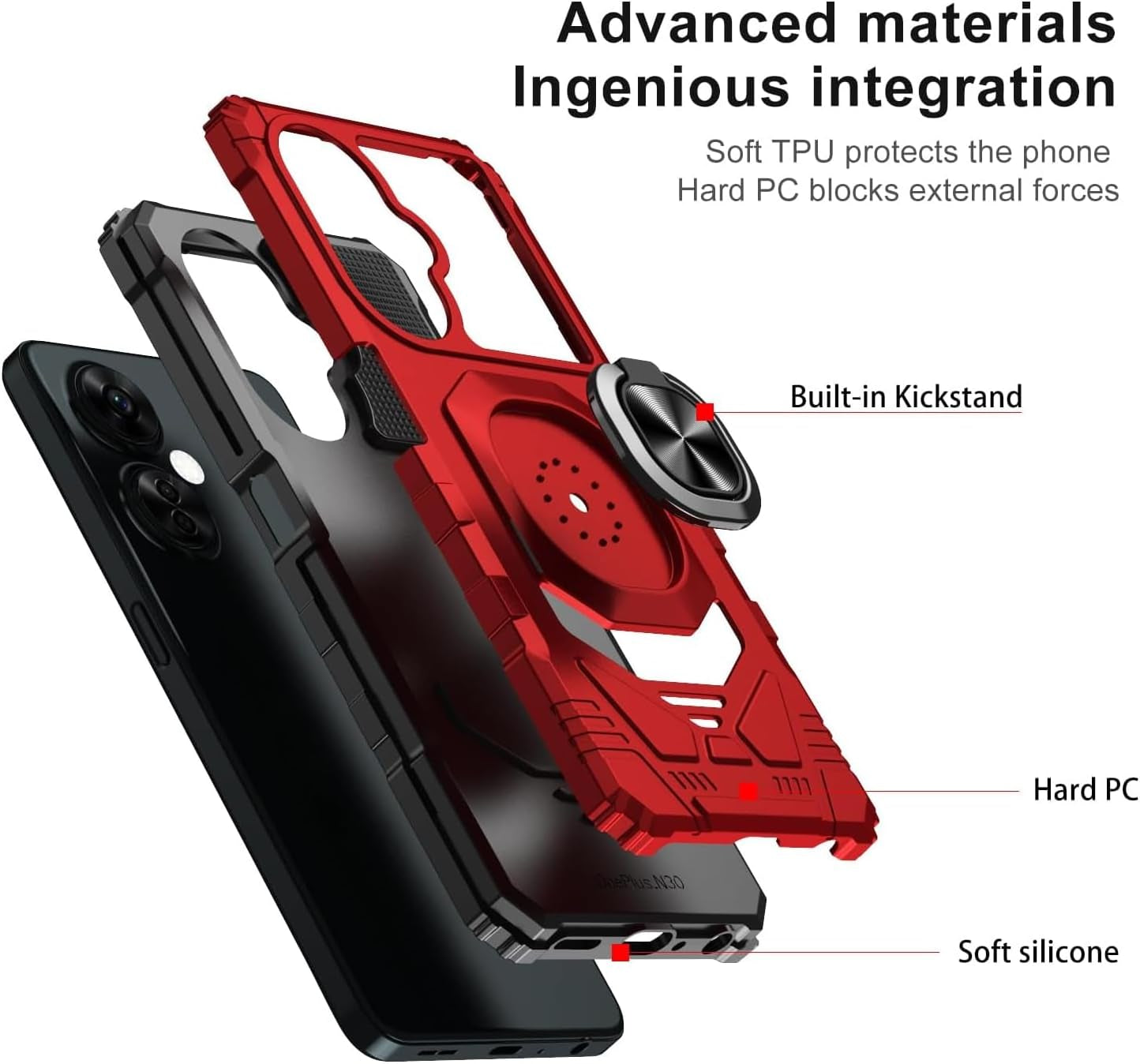 TJS Compatible for Oneplus Nord N30 5G Case, with Tempered Glass Screen Protector, Metal Ring Magnetic Support Kickstand Heavy Duty Drop Protection Cover Phone Case (Red)  TJS   
