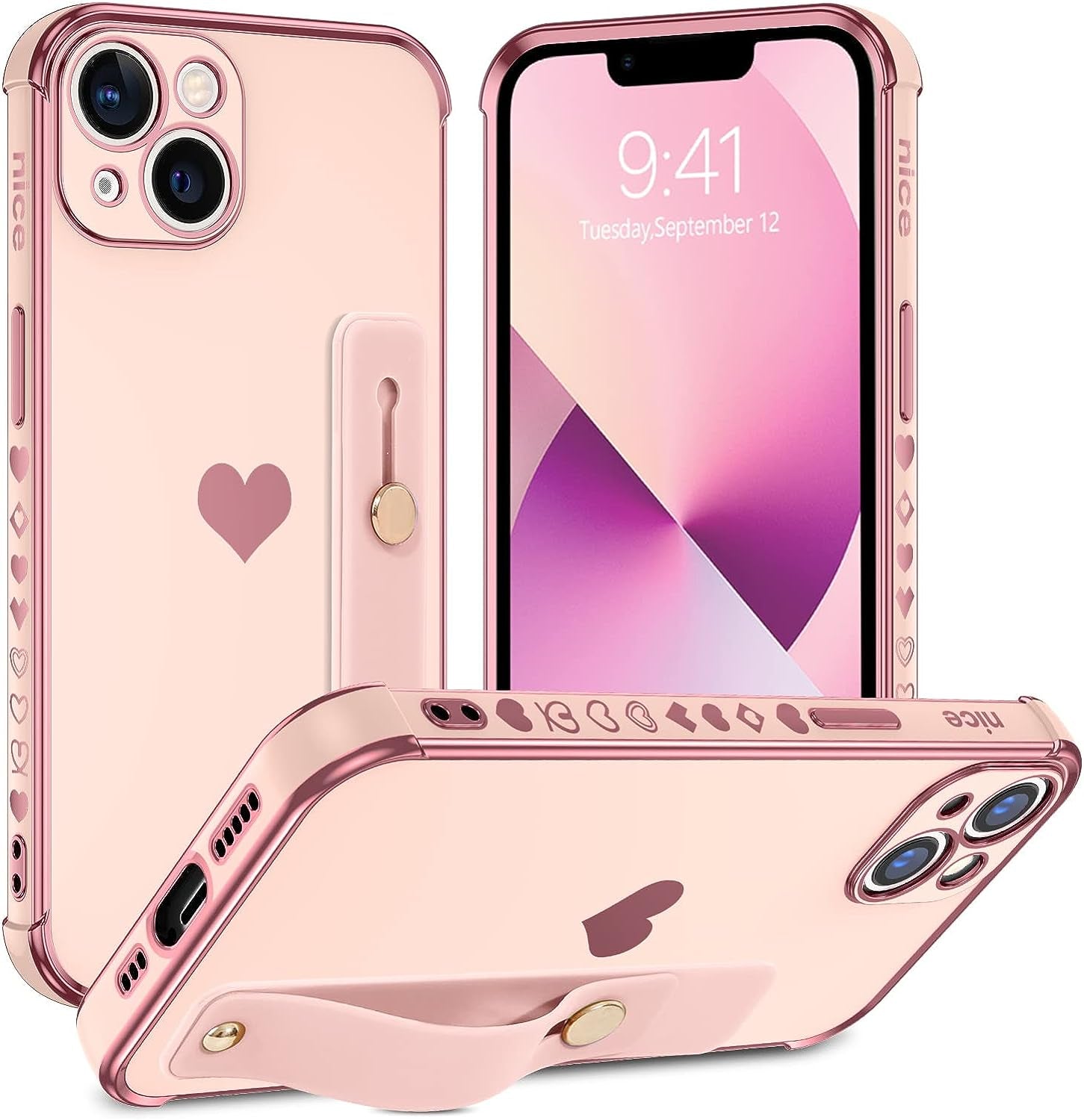 YINLAI Iphone 13 Case, Iphone 13 Cover 6.1 Inch with Finger Loop Holder Wrist Strap Kickstand Hearts Pattern Love Plating Women Girls Slim Fit Soft Shockproof Protective Phone Cases,White  YINLAI Pink  