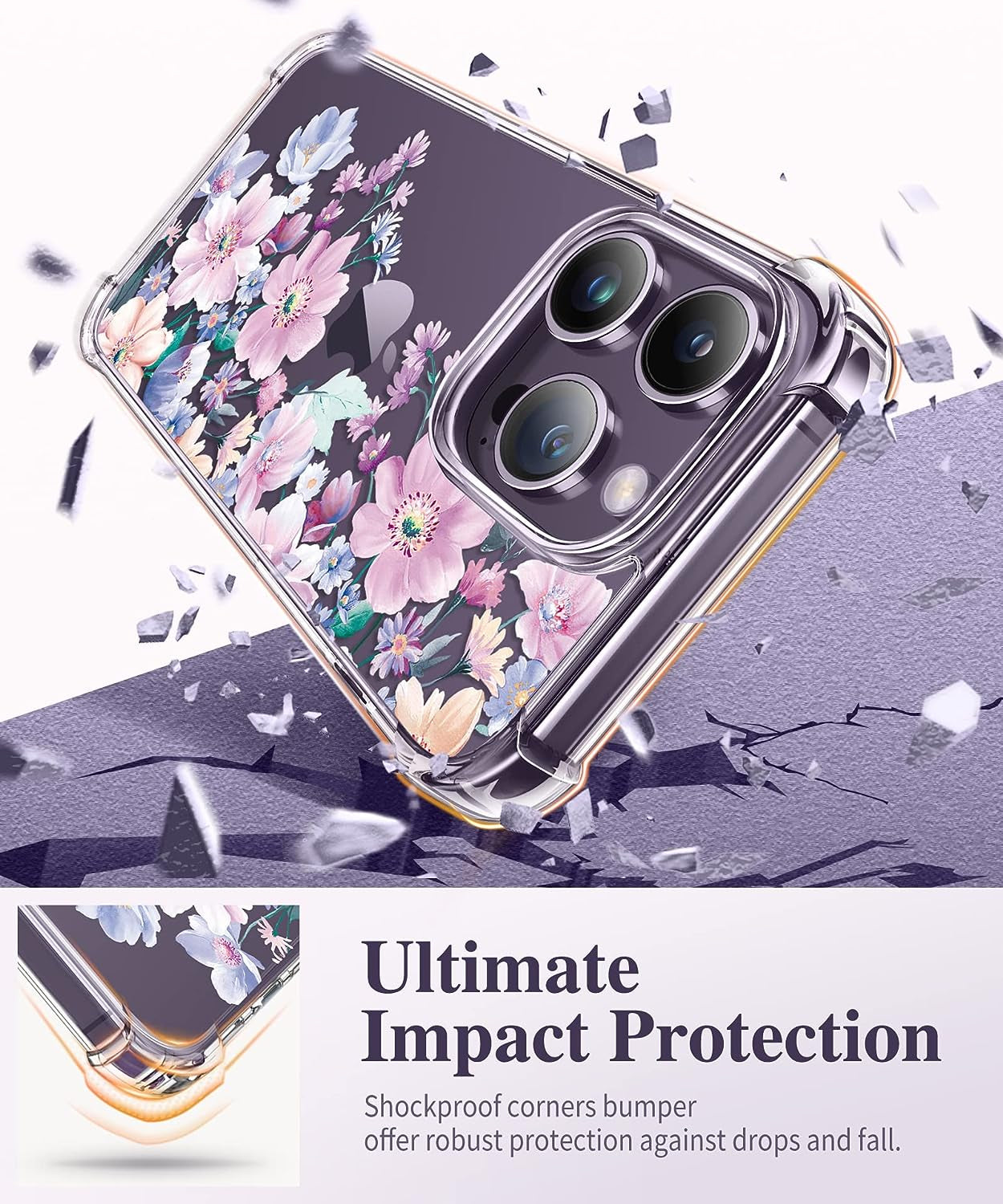 GVIEWIN Compatible with Iphone 14 Pro Case with Screen Protector & Camera Lens Protector, Floral Slim Shockproof Protective Hard PC+TPU Bumper Flower Women Cover, 6.1" 2022(Anemone Blooms/Pink)  GVIEWIN   