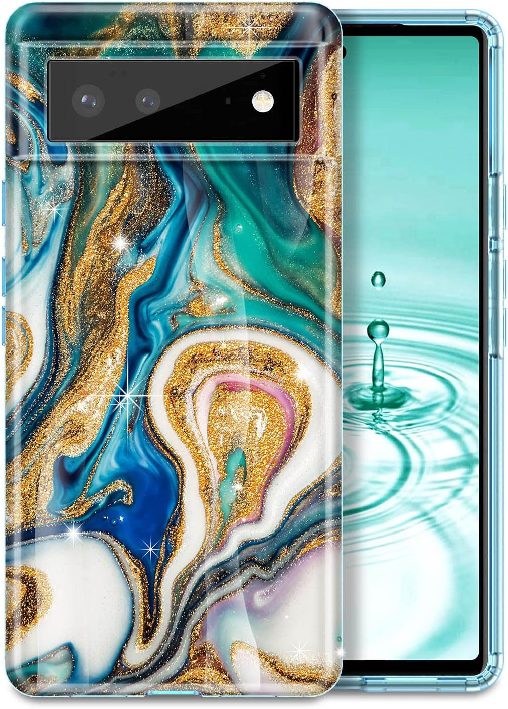 Btscase Gold Glitter Marble - Slim Shockproof Protective Cover for Google Pixel 6 (2021) - Blue/Drift Sand  Btscase   