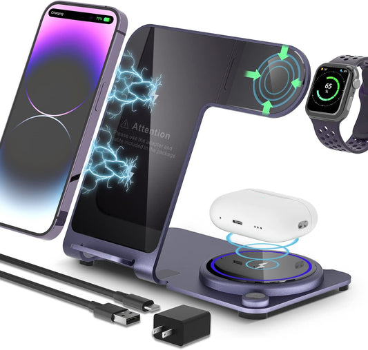 Wireless Charger 3 in 1,Aluminum Alloy Wireless Charging Station 18W Fast Charging for Iphone 14/13/12/11/Pro/Max/Xs/Xr/X/8, Iwatch8/7/6/5/4/3/2/Se, Airpods Pro/3/2/1(Purple)  Any warphone   