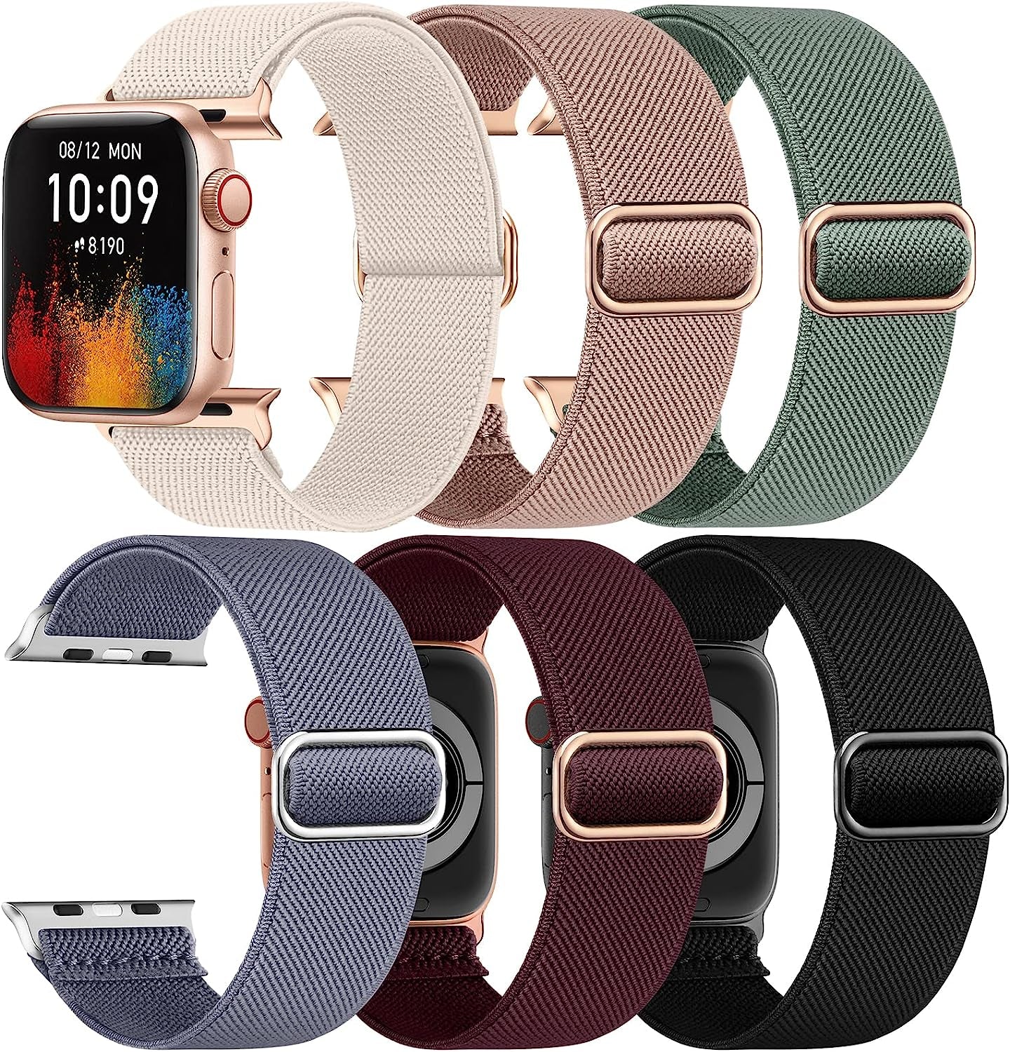 Ifuntec 6 Pack Stretchy Nylon Bands-Metal Connector-Compatible with Apple Watch Band 38Mm 40Mm 41Mm 42Mm 44Mm 45Mm 49Mm Women Men, Elastic Braided Strap for Iwatch Series Ultra 8/7/6/SE/5/4/3/2/1  iFuntec Starlight/Powder Sand/Pine Green/Haze Blue/Wine Red/Black 38/40/41mm 
