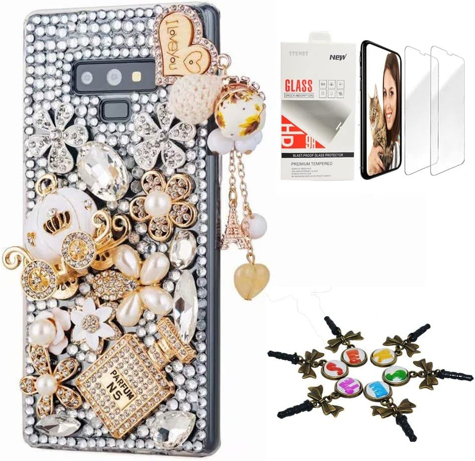 STENES Bling Case Compatible with LG V40 Thinq - Stylish - 3D Handmade [Sparkle Series] Fox Crown Rhinestone Design Cover with Screen Protector [2 Pack] - White  STENES Heart Pendant Pumpkin Carriage Flowers / Gold Design For Lg Velvet 5G Case 