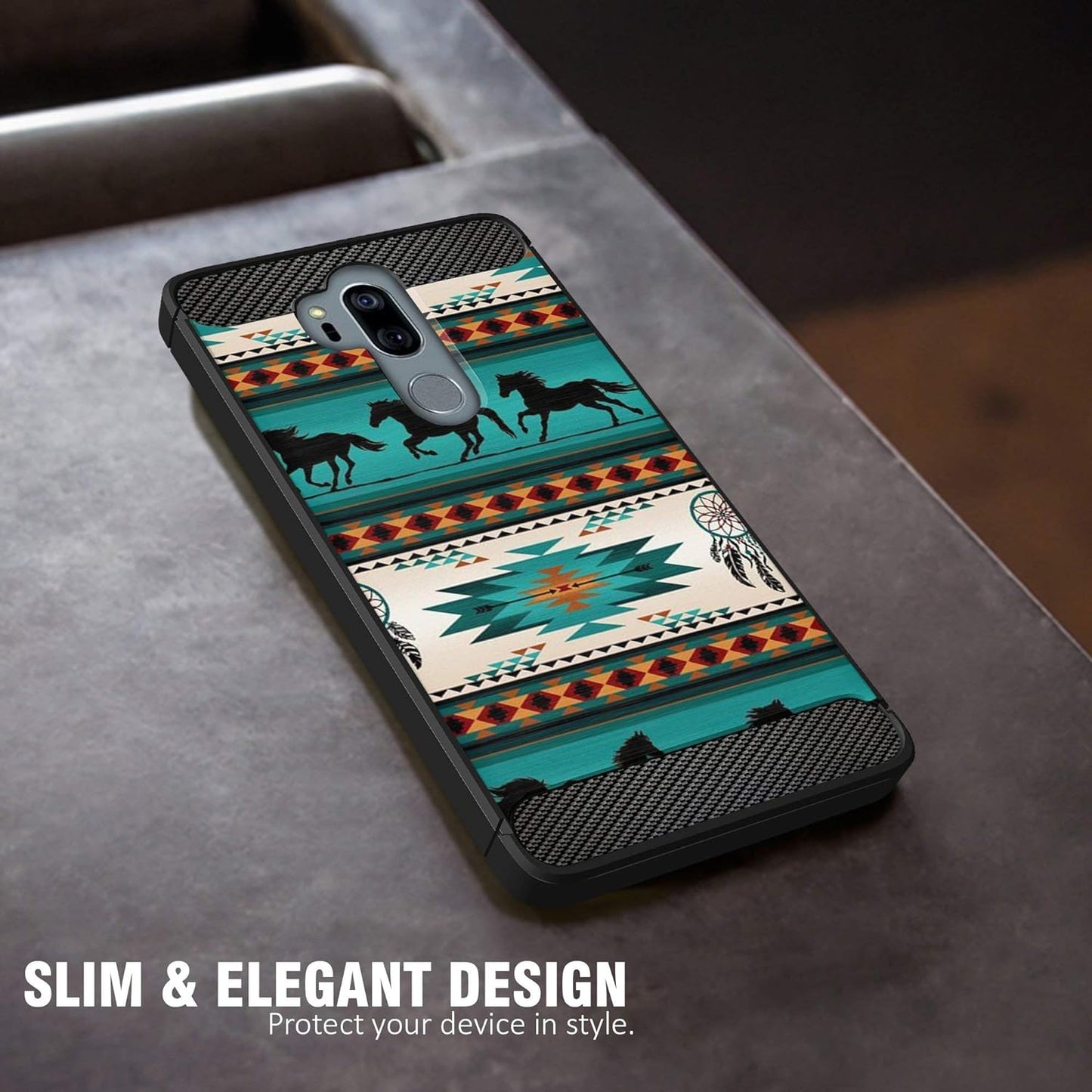 Casesondeck Case Compatible with [LG G7 / LG G7 Thinq] Tribal Floral Matte TPU Flexible Carbon Fiber Textured (Horse Tribal)  CasesonDeck   