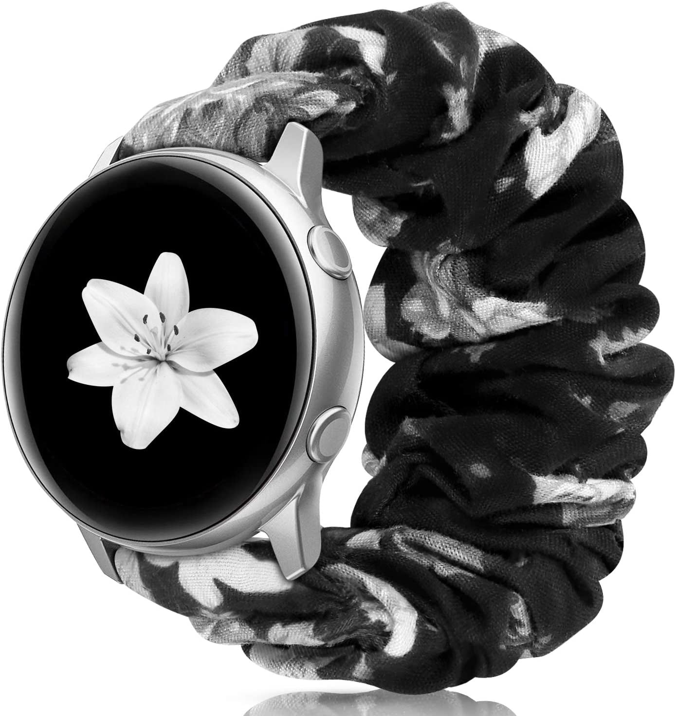 20Mm 22Mm Scrunchies Watch Bands, Cute Elastic Replacement Bands for Women with Quick Release Bar, Fabric Band for Samsung Galaxy Watch 4 5 Pro Galaxy Active, Active 2 40Mm 44Mm Watch Smartwatch Bla-S  ZSMJ D-Black flower Small 