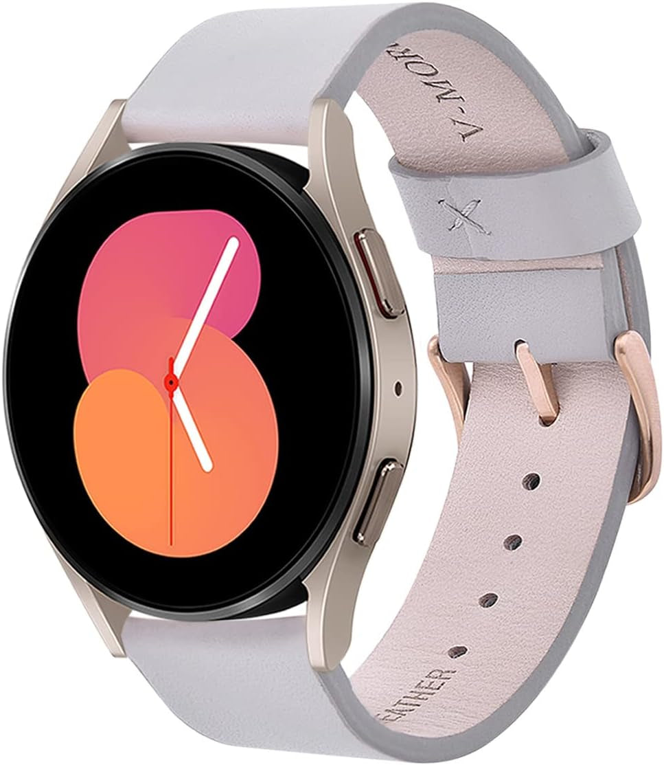 V-MORO Leather Strap Compatible with Galaxy Watch 5/4 Band 40Mm 44Mm/Galaxy Watch 4 Classic 42Mm 46Mm 20Mm Watch Band with Rose Gold Stainless Steel Buckle Replacement for Galaxy Watch 42Mm/Active 2  V-Moro Gray  