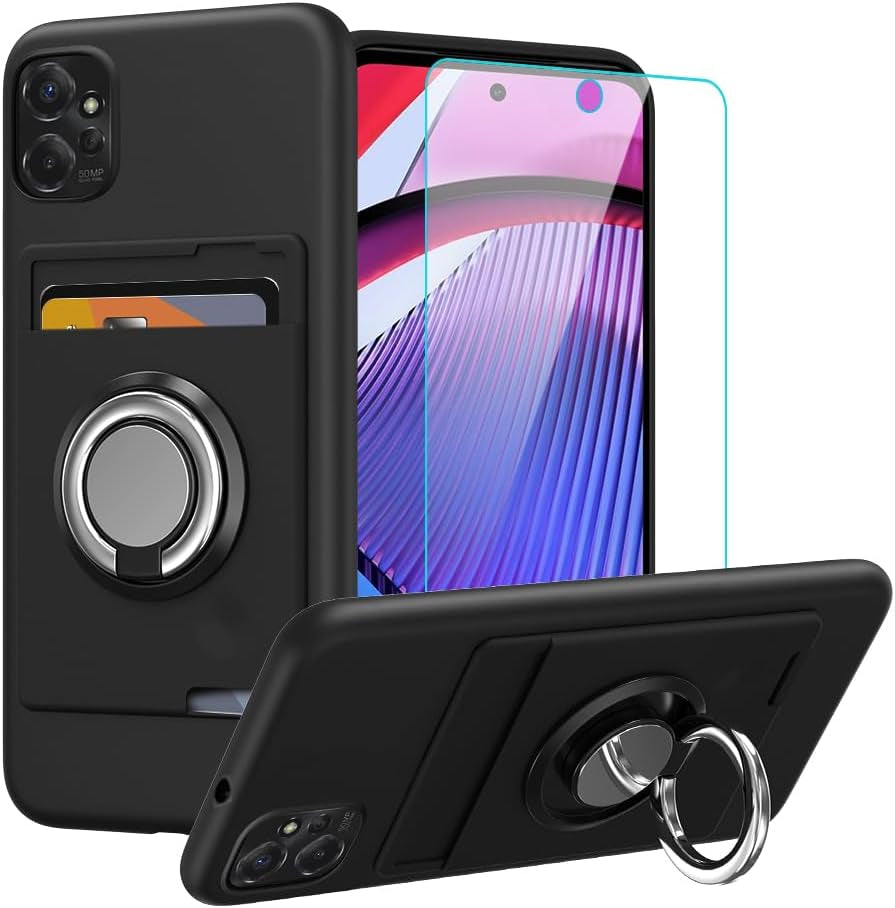 Anneey for Oneplus 11 5G Phone Case with Tempered Glass Screen Protector, Card Holder with Ring Stand Case for 1+ 11 5G Cover - Black  Anneey   