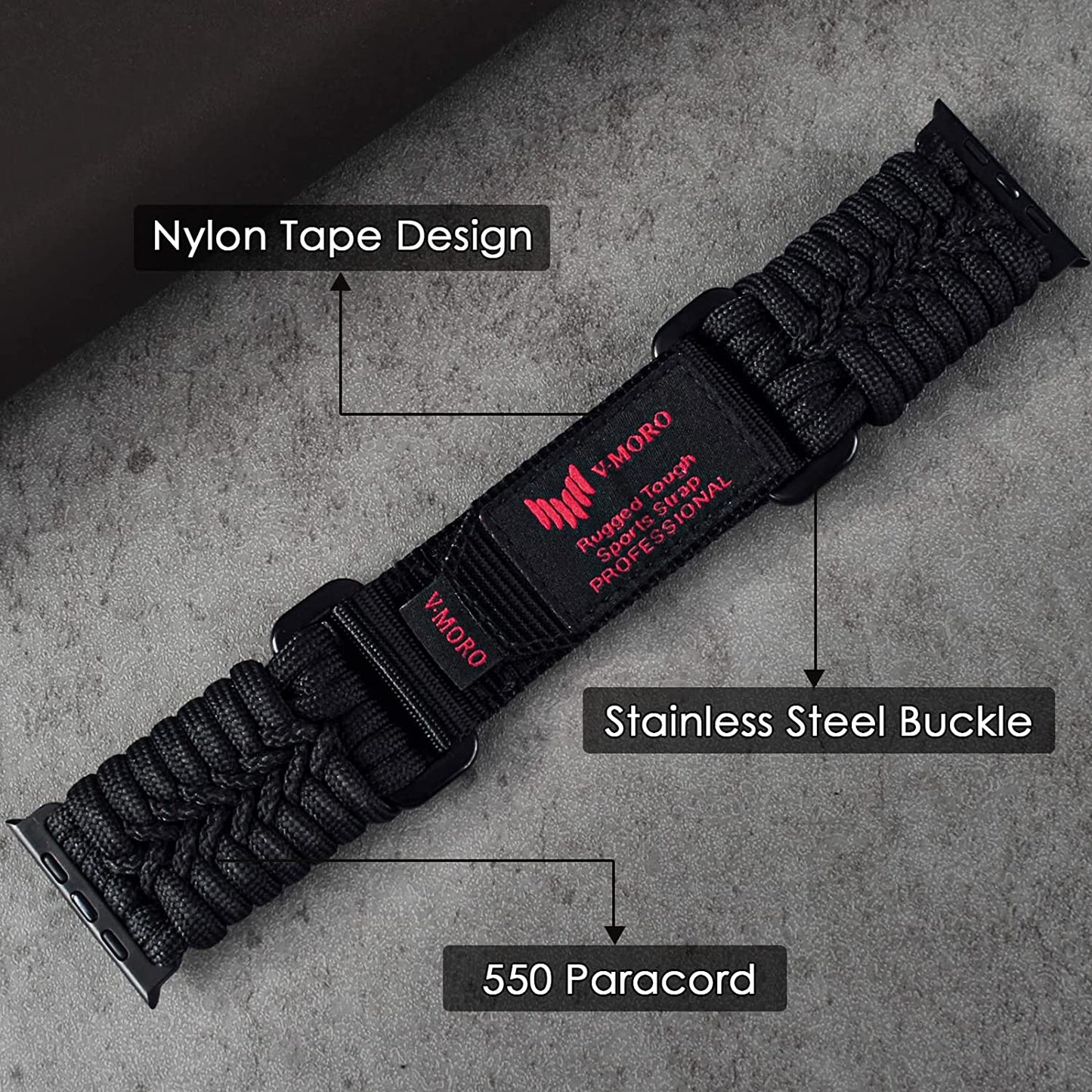 V-MORO Compatible for Apple Watch Band 49Mm 44Mm 45Mm 42Mm, Rugged Military Paracord Nylon Sport Iwatch Ultra Bands Series 8 7 6 SE 5 4 3 2 1 Men Women, Xl-Black  V-MORO   