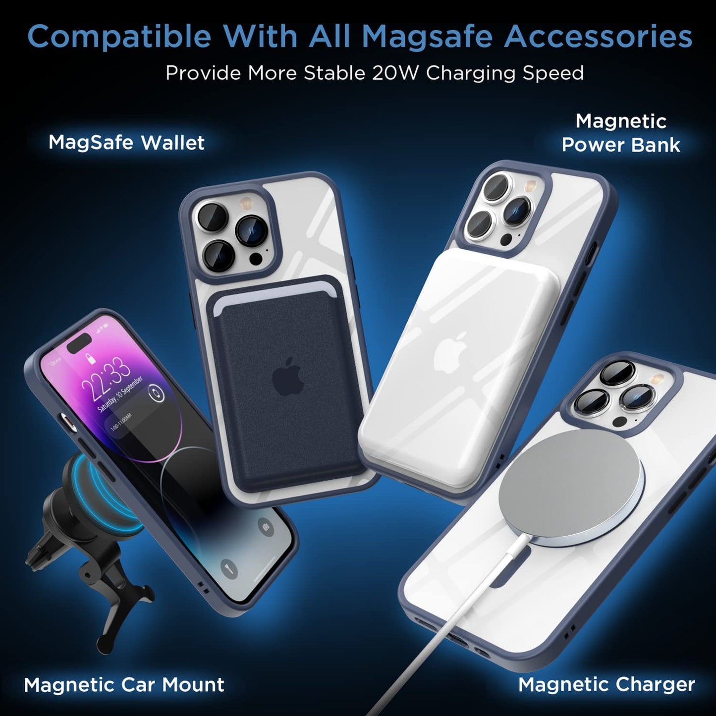 SUCGLES Strong Magnetic for Iphone 14 Pro Case with Magsafe, [Non-Yellowing] [Military Grade Protection] Slim Thin Mag Safe Magnet Bumper Phone Cover for (Apple 14Pro, Clear-Navy Blue)  Gotrays Gavin LLC   