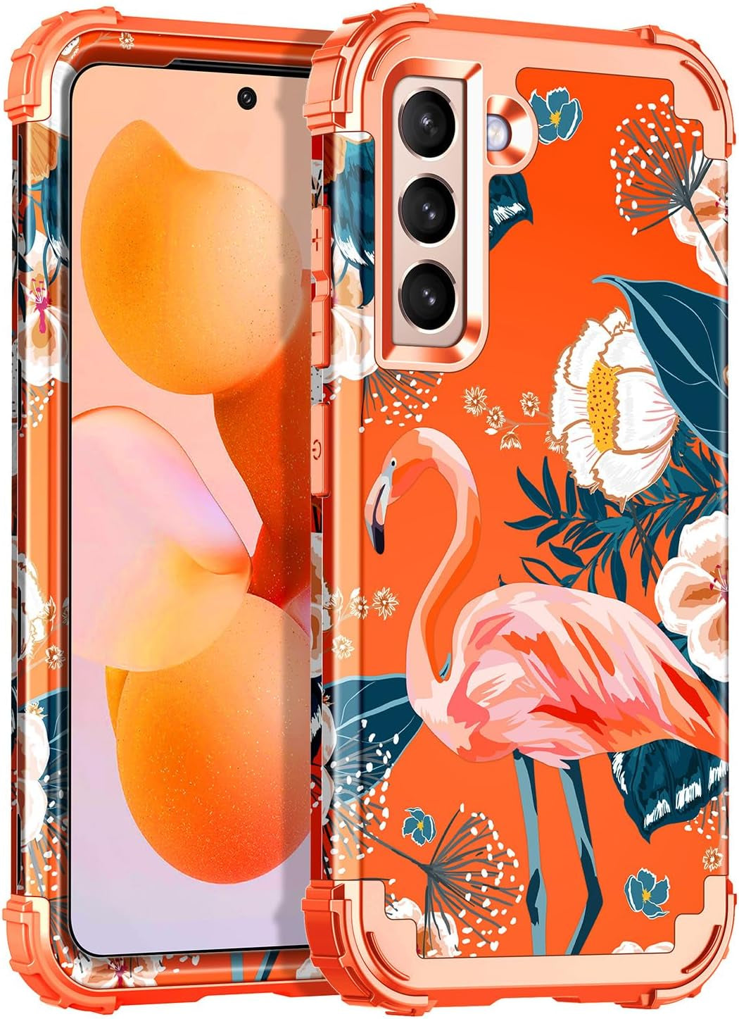 Casetego for Galaxy S21 5G Case,Floral Three Layer Heavy Duty Sturdy Shockproof Soft Tpu+Hard PC Protective Cover Case for Samsung Galaxy S21 5G 6.2 Inch,Orange/Black  Casetego Flamingo  